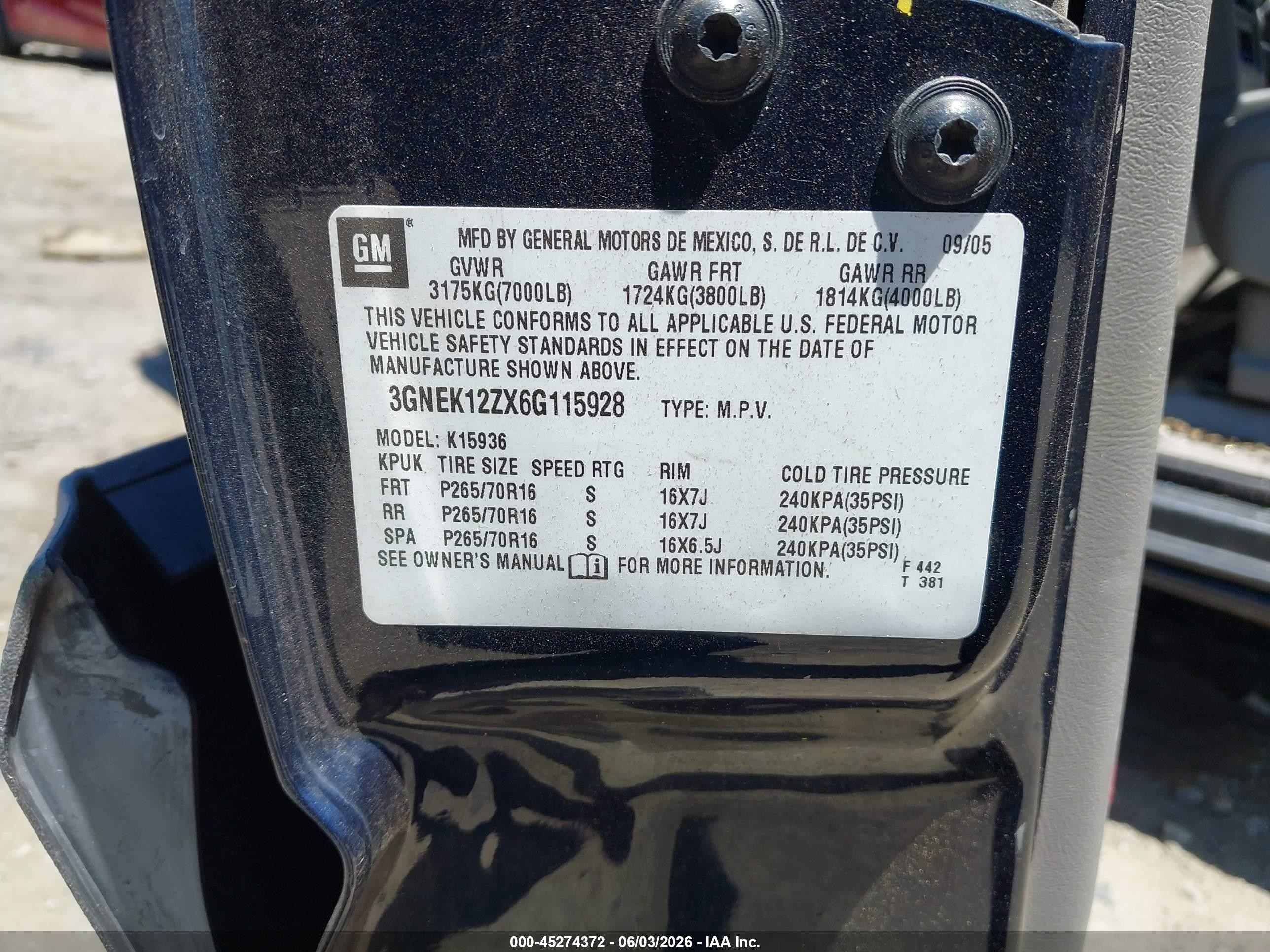 2006 Chevrolet Avalanche 1500 Lt Blue vin: 3GNEK12ZX6G115928