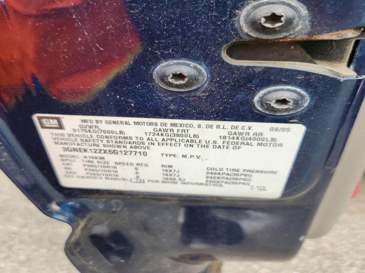2006 Chevrolet Avalanche K1500 Blue vin: 3GNEK12ZX6G127710