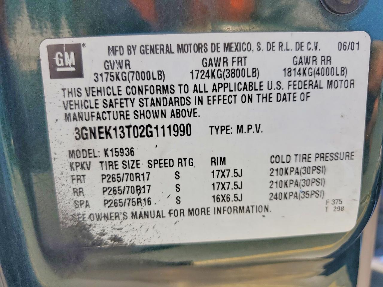2002 Chevrolet Avalanche K1500 Green vin: 3GNEK13T02G111990