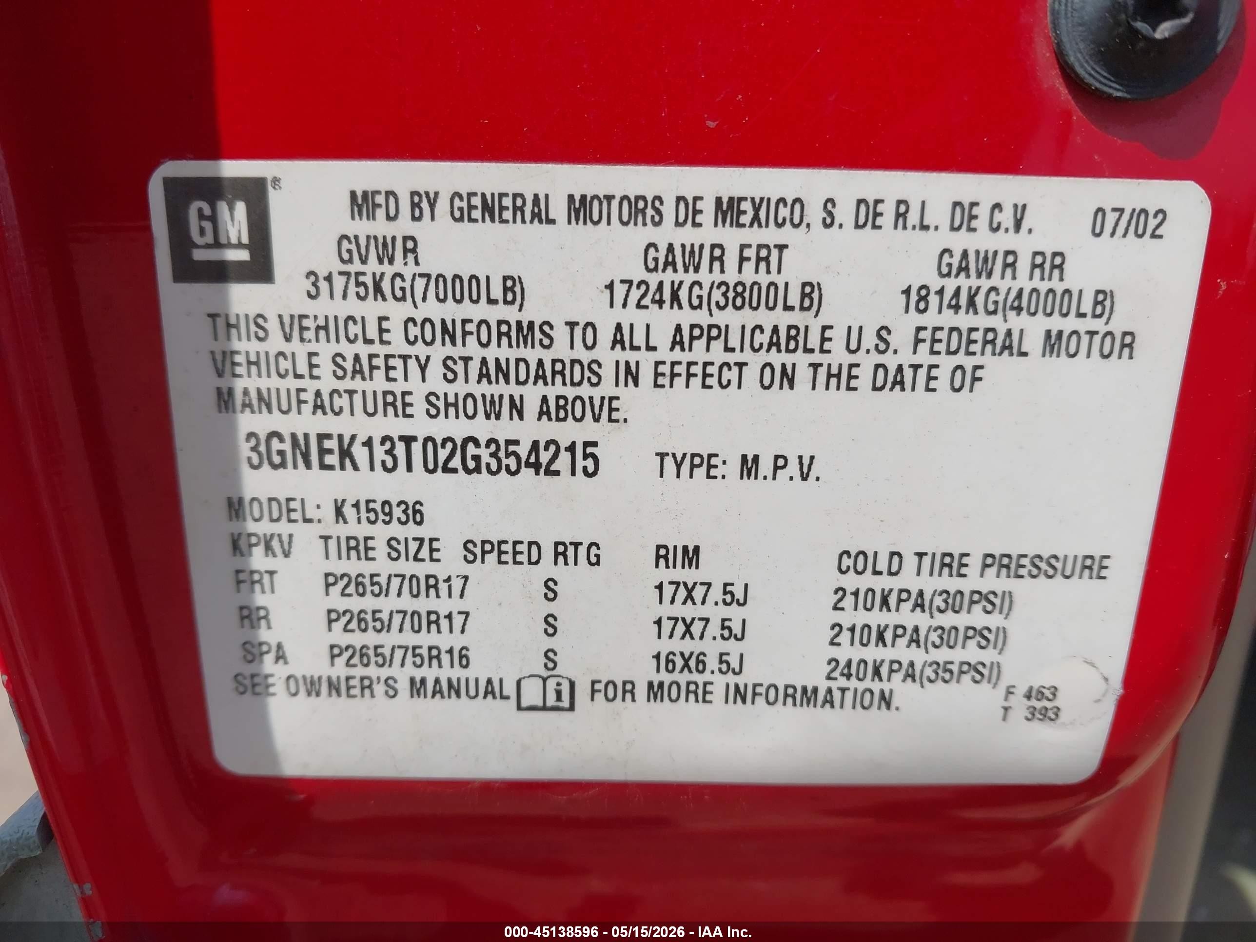 2002 Chevrolet Avalanche 1500   Red vin: 3GNEK13T02G354215