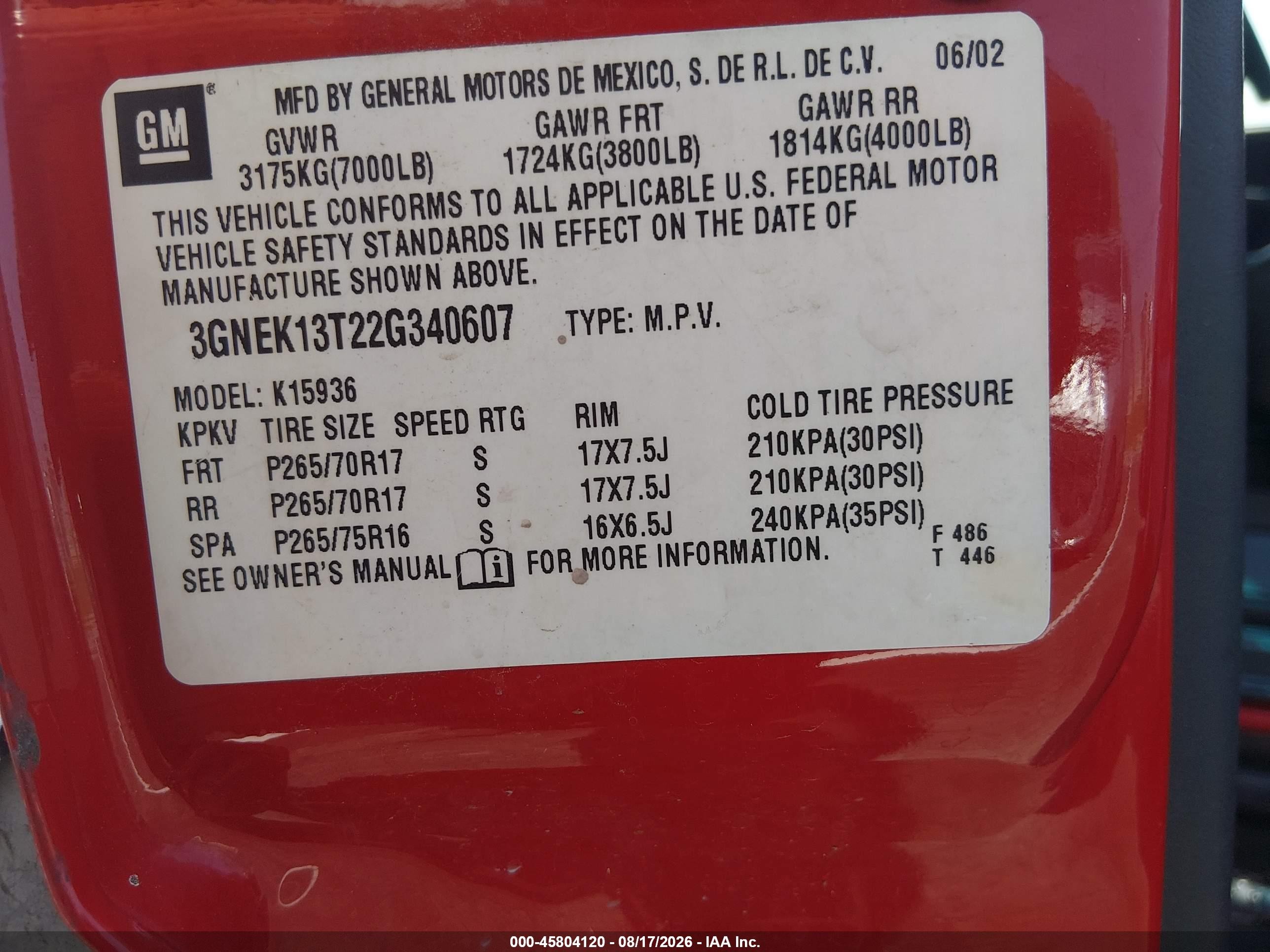 2002 Chevrolet Avalanche 1500   Red vin: 3GNEK13T22G340607