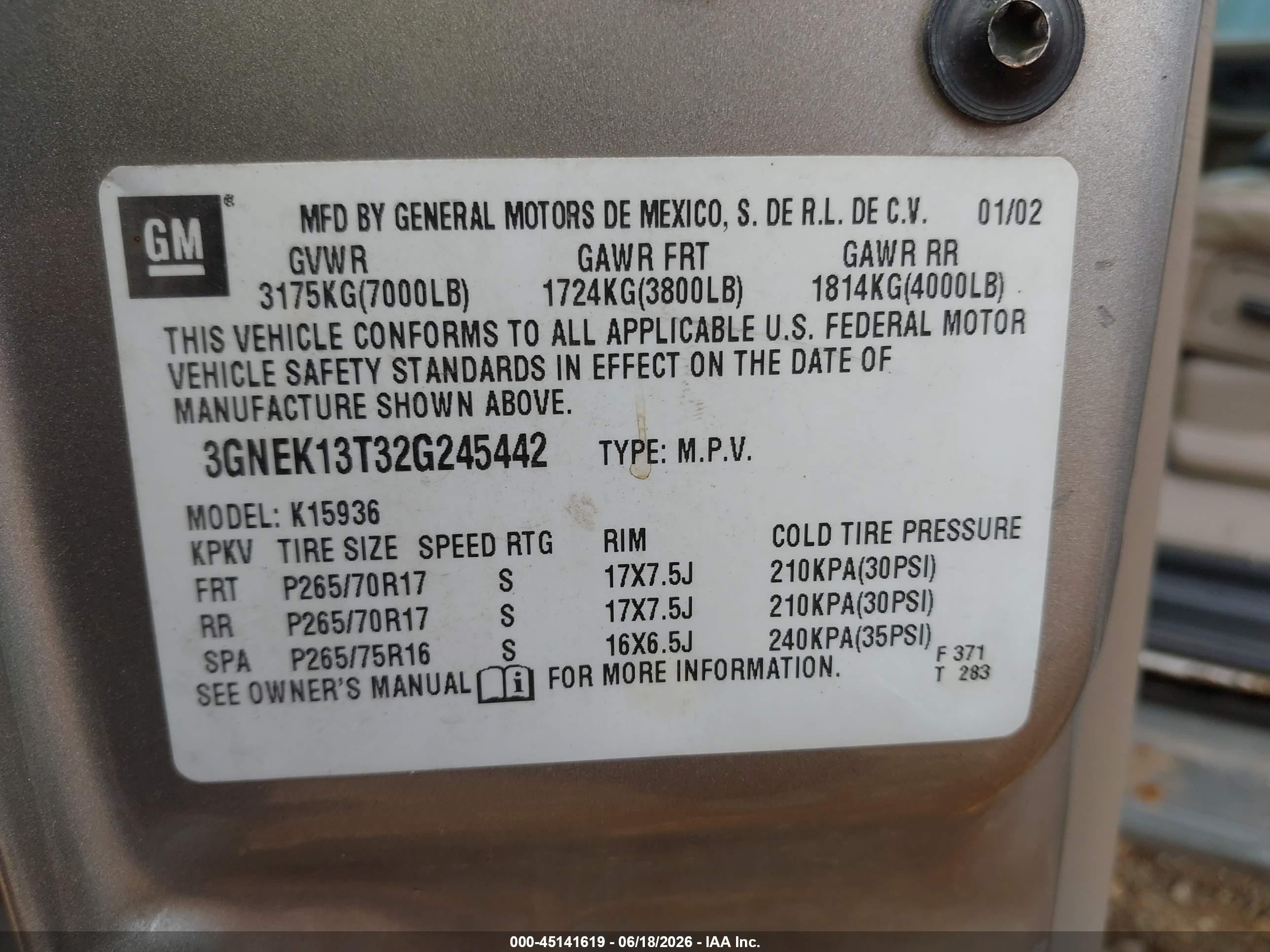 2002 Chevrolet Avalanche 1500   Champagne vin: 3GNEK13T32G245442