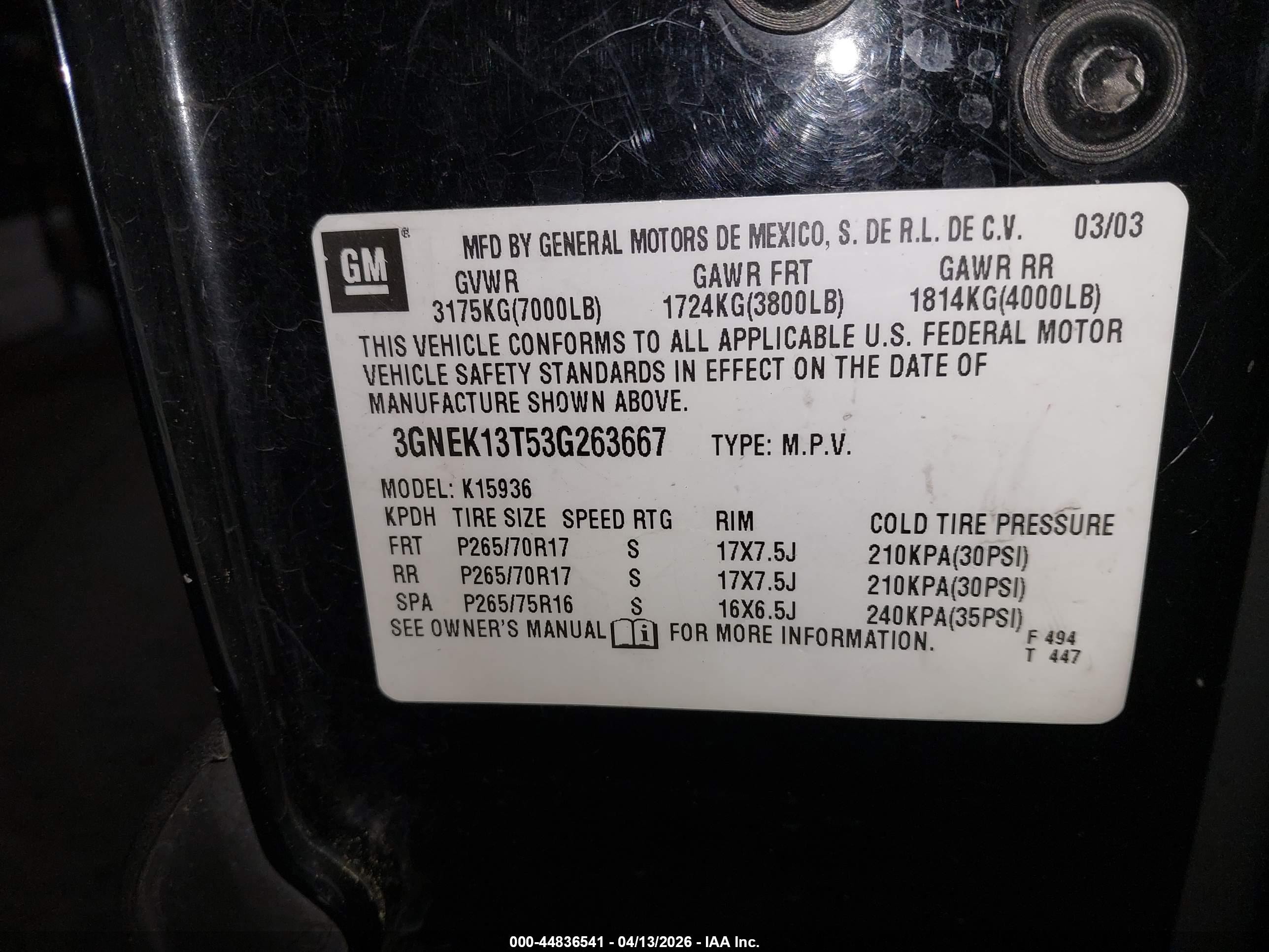 2003 Chevrolet Avalanche 1500   Black vin: 3GNEK13T53G263667