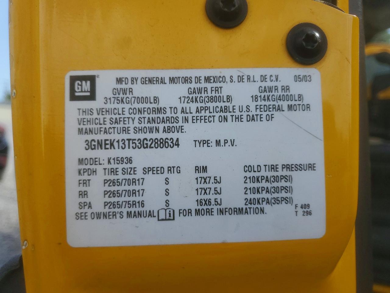 2003 Chevrolet Avalance Yellow vin: 3GNEK13T53G288634