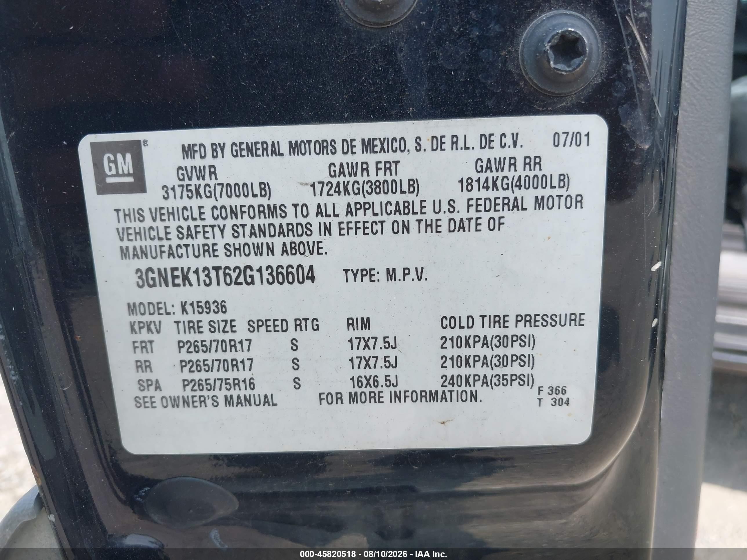 2002 Chevrolet Avalanche 1500   Black vin: 3GNEK13T62G136604