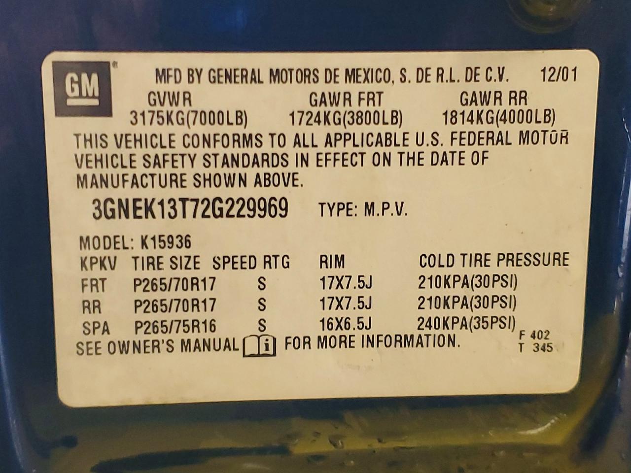 2002 Chevrolet Avalanche K1500 Blue vin: 3GNEK13T72G229969
