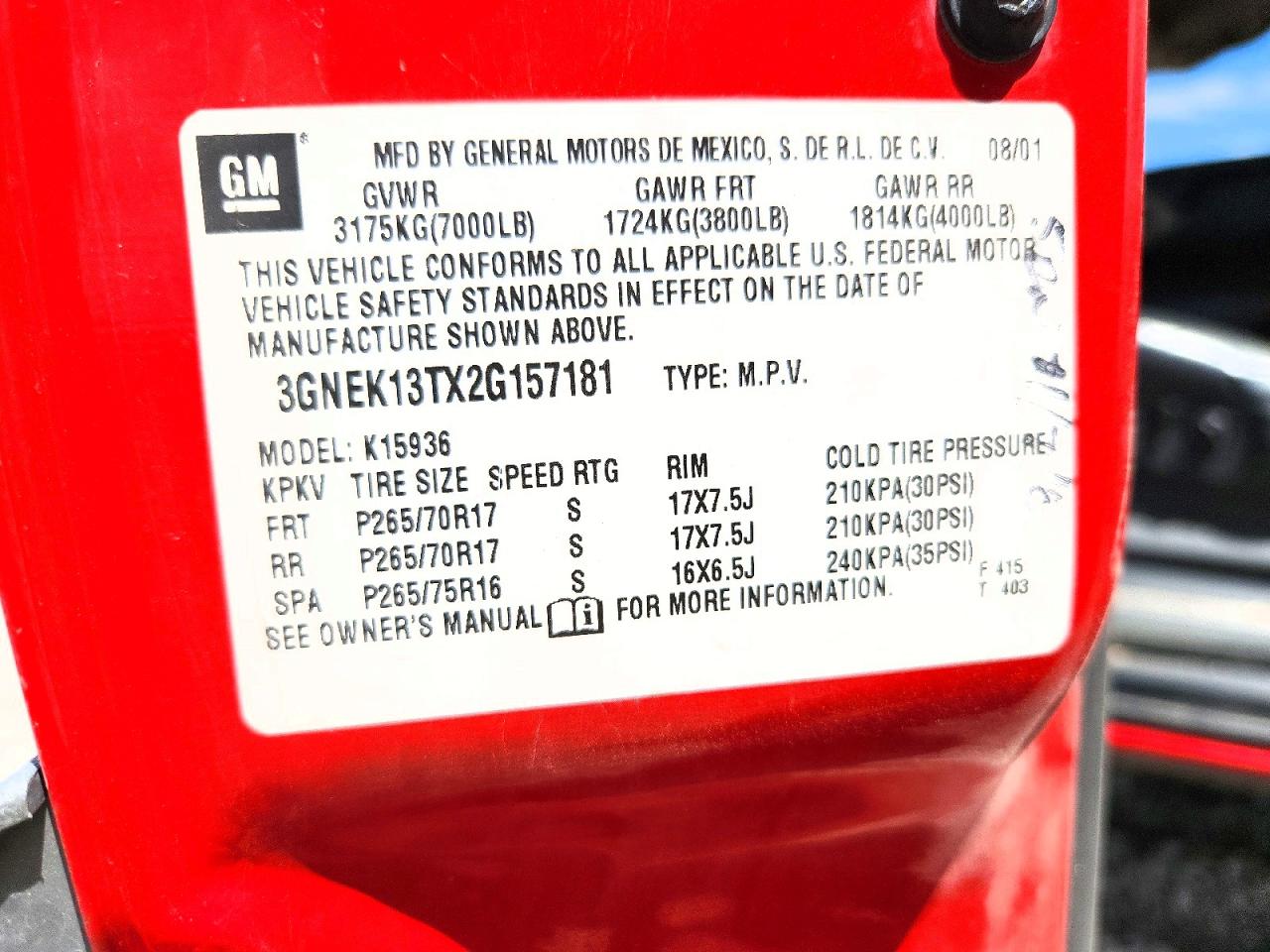 2002 Chevrolet Avalanche K1500 Red vin: 3GNEK13TX2G157181