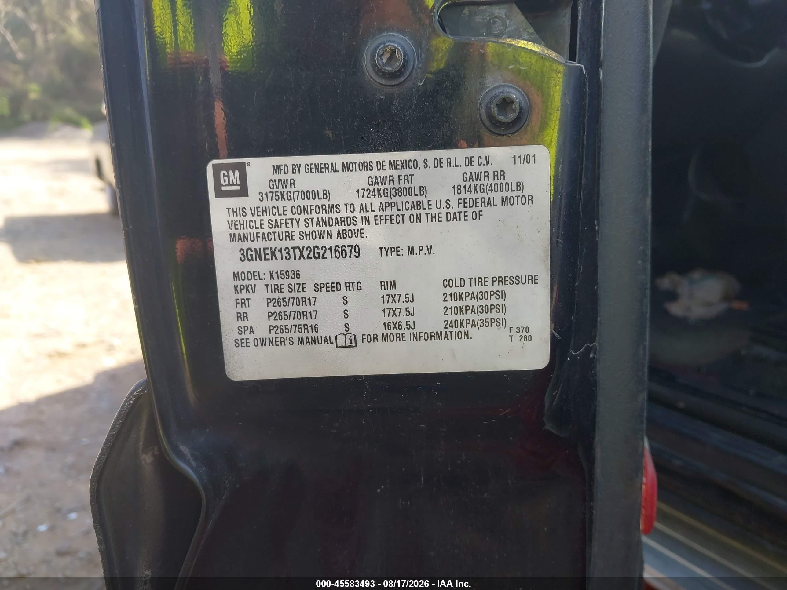 2002 Chevrolet Avalanche 1500   Black vin: 3GNEK13TX2G216679
