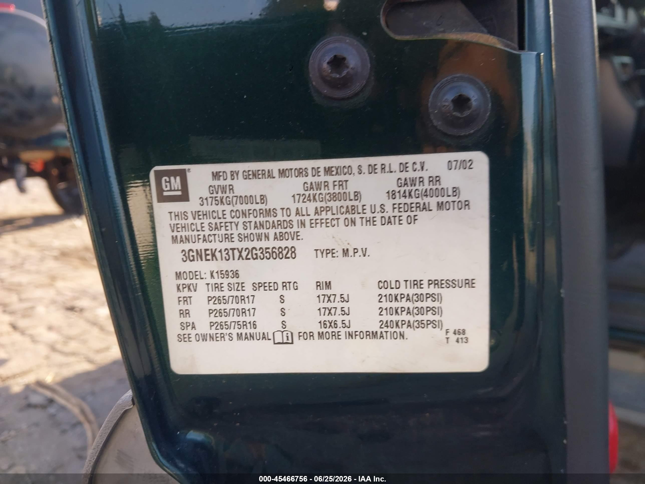 2002 Chevrolet Avalanche 1500   Green vin: 3GNEK13TX2G356828