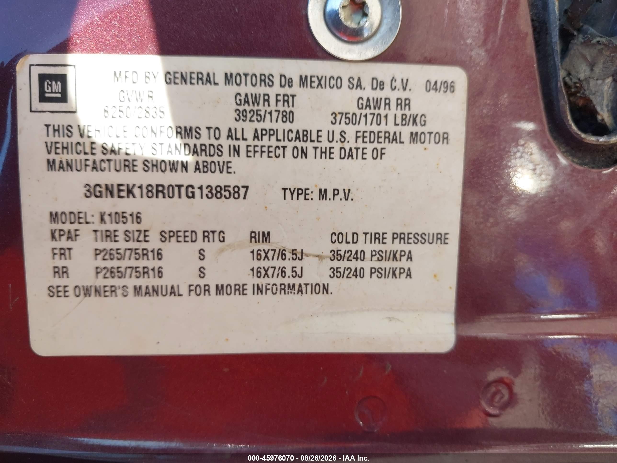 1996 Chevrolet Tahoe K1500 Burgundy vin: 3GNEK18R0TG138587