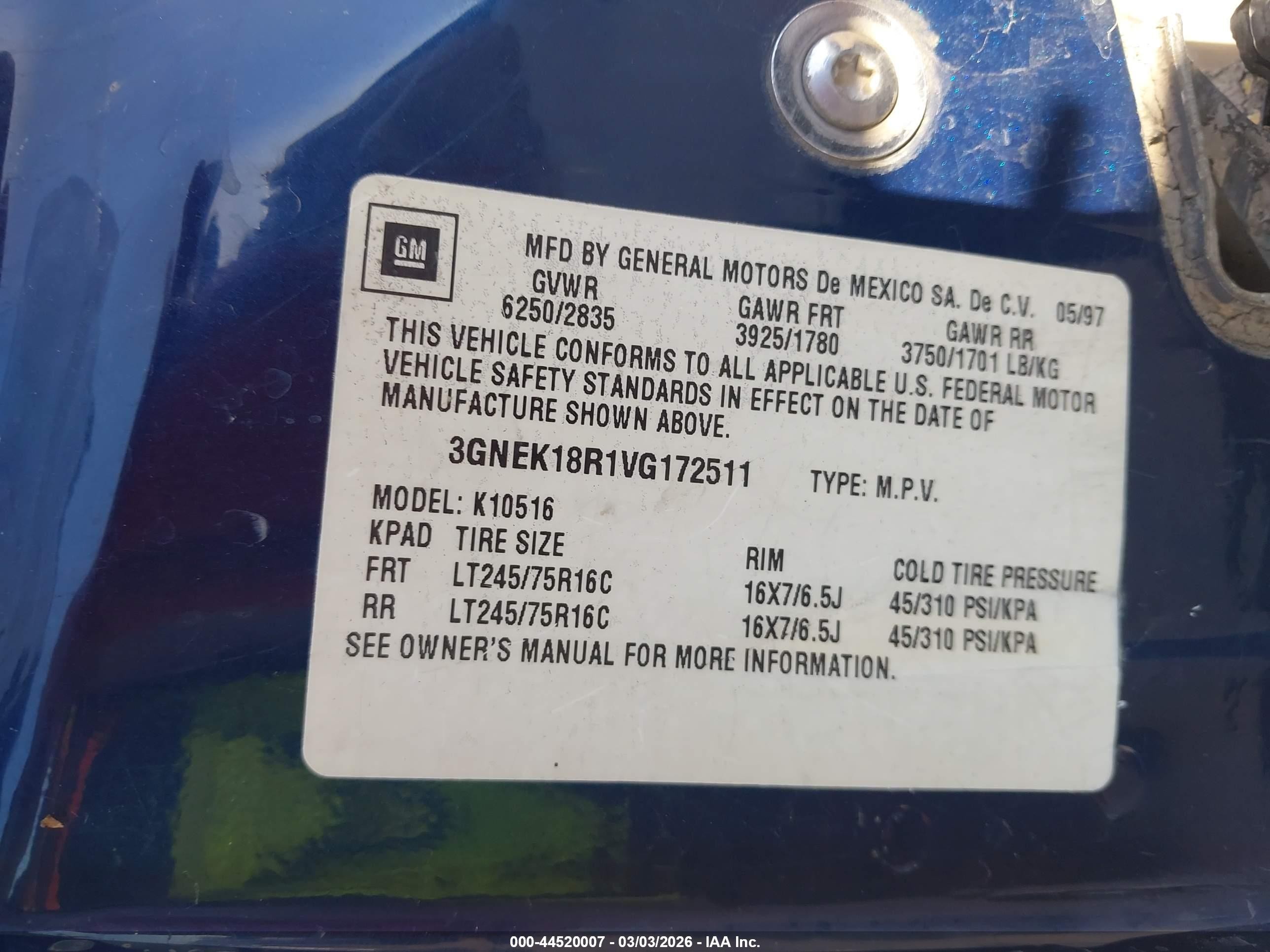 1997 Chevrolet Tahoe   Blue vin: 3GNEK18R1VG172511