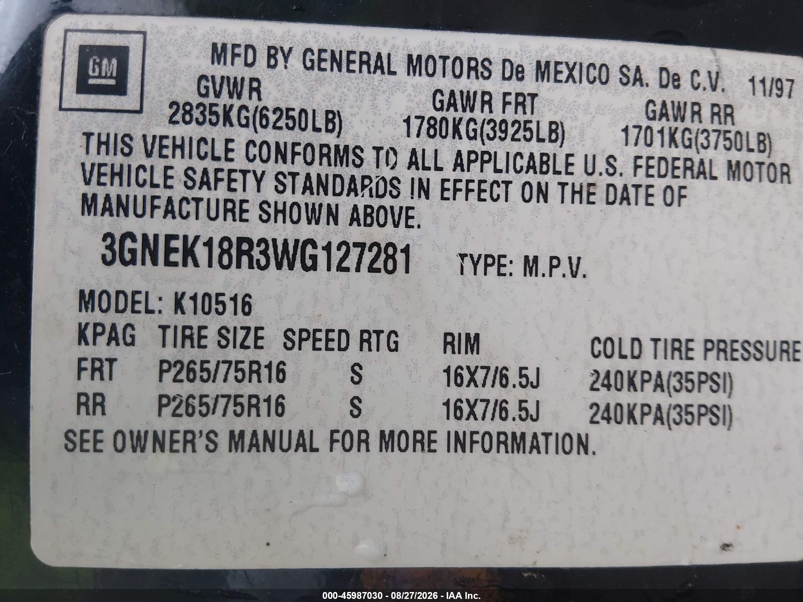 1998 Chevrolet Tahoe   Black vin: 3GNEK18R3WG127281