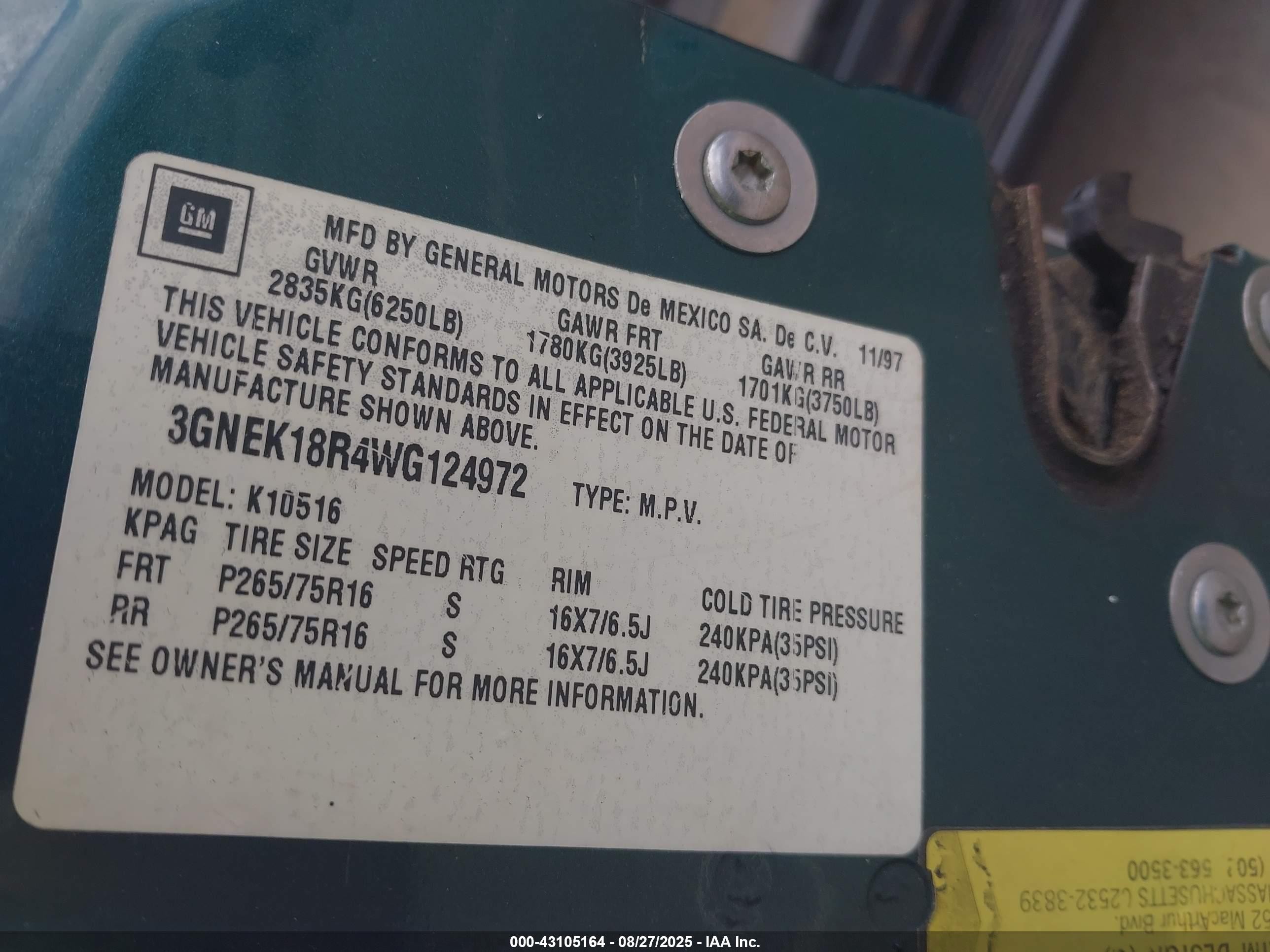 1998 Chevrolet Tahoe   Green vin: 3GNEK18R4WG124972