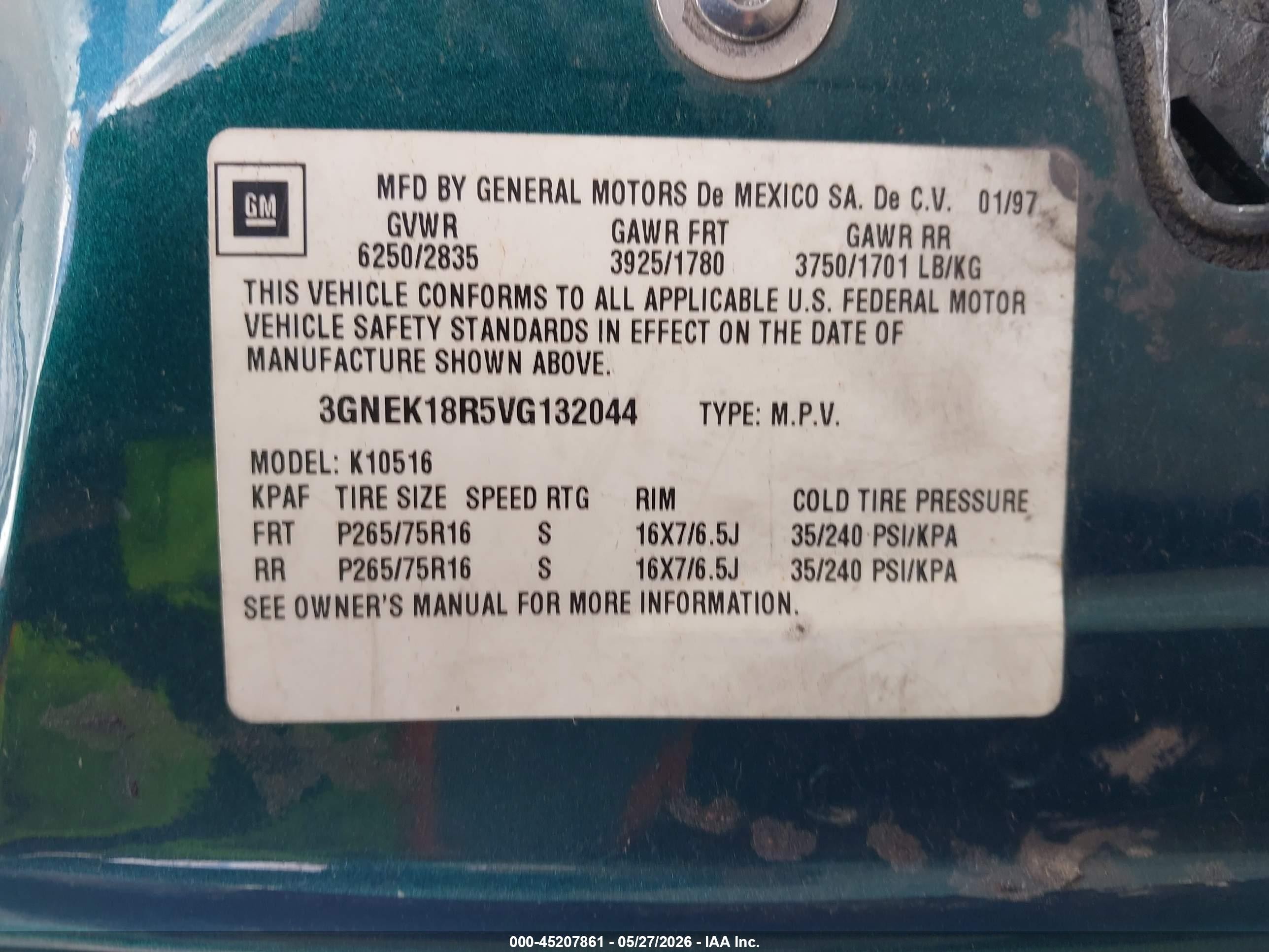 1997 Chevrolet Tahoe   Зеленый vin: 3GNEK18R5VG132044