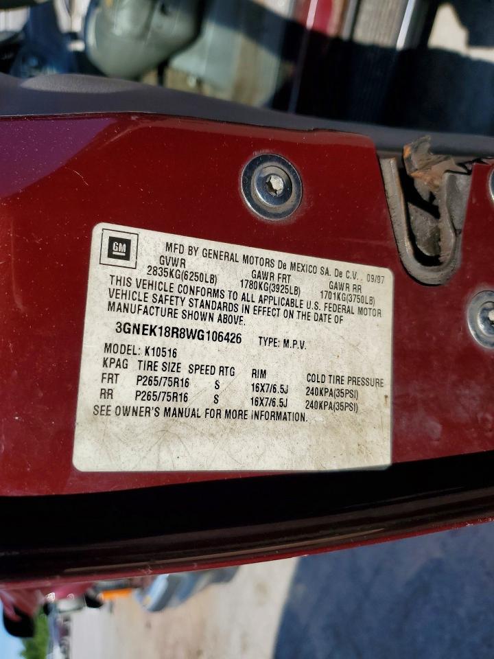 1998 Chevrolet Tahoe K1500 Burgundy vin: 3GNEK18R8WG106426