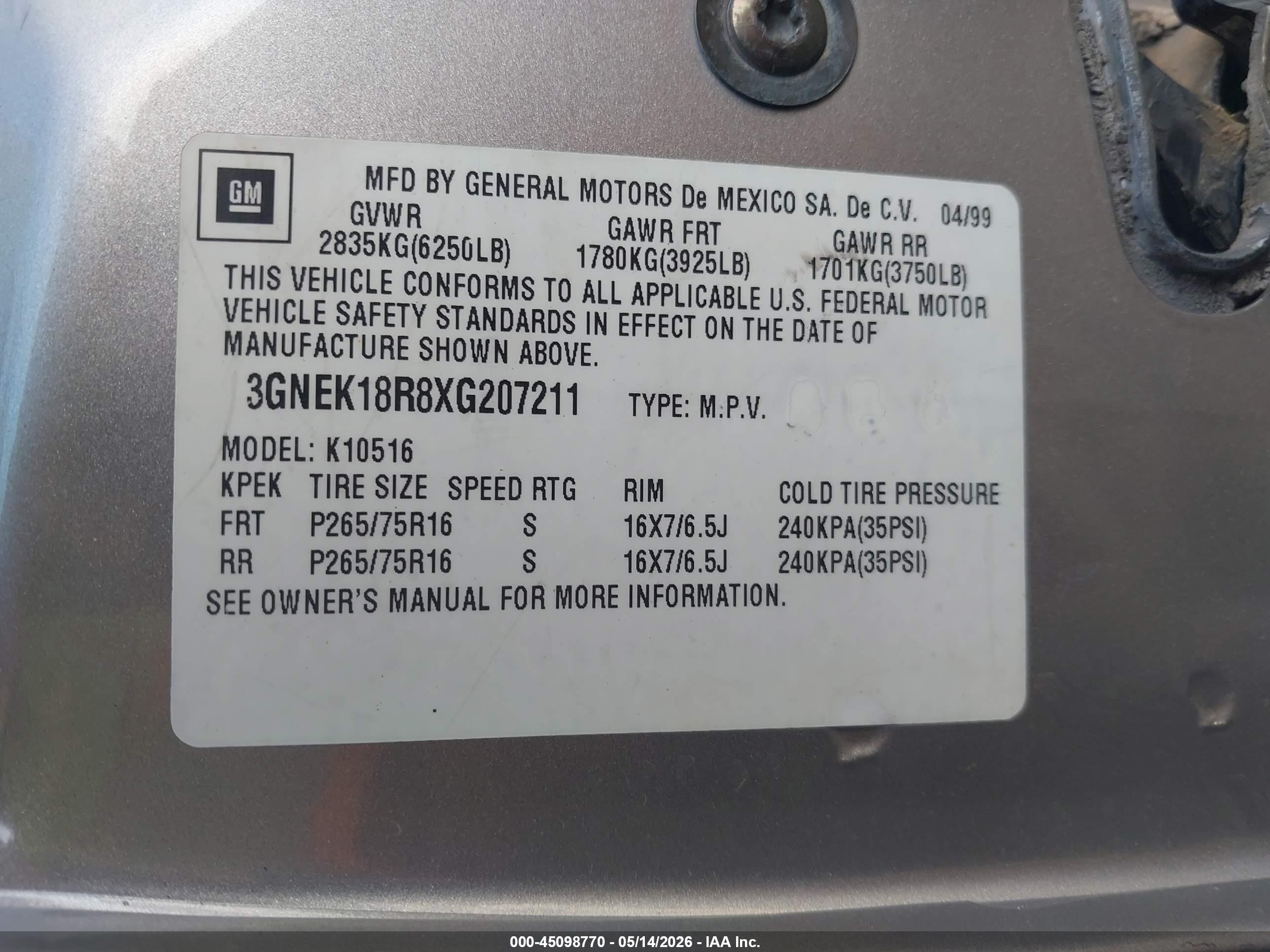 1999 Chevrolet Tahoe   Pewter vin: 3GNEK18R8XG207211