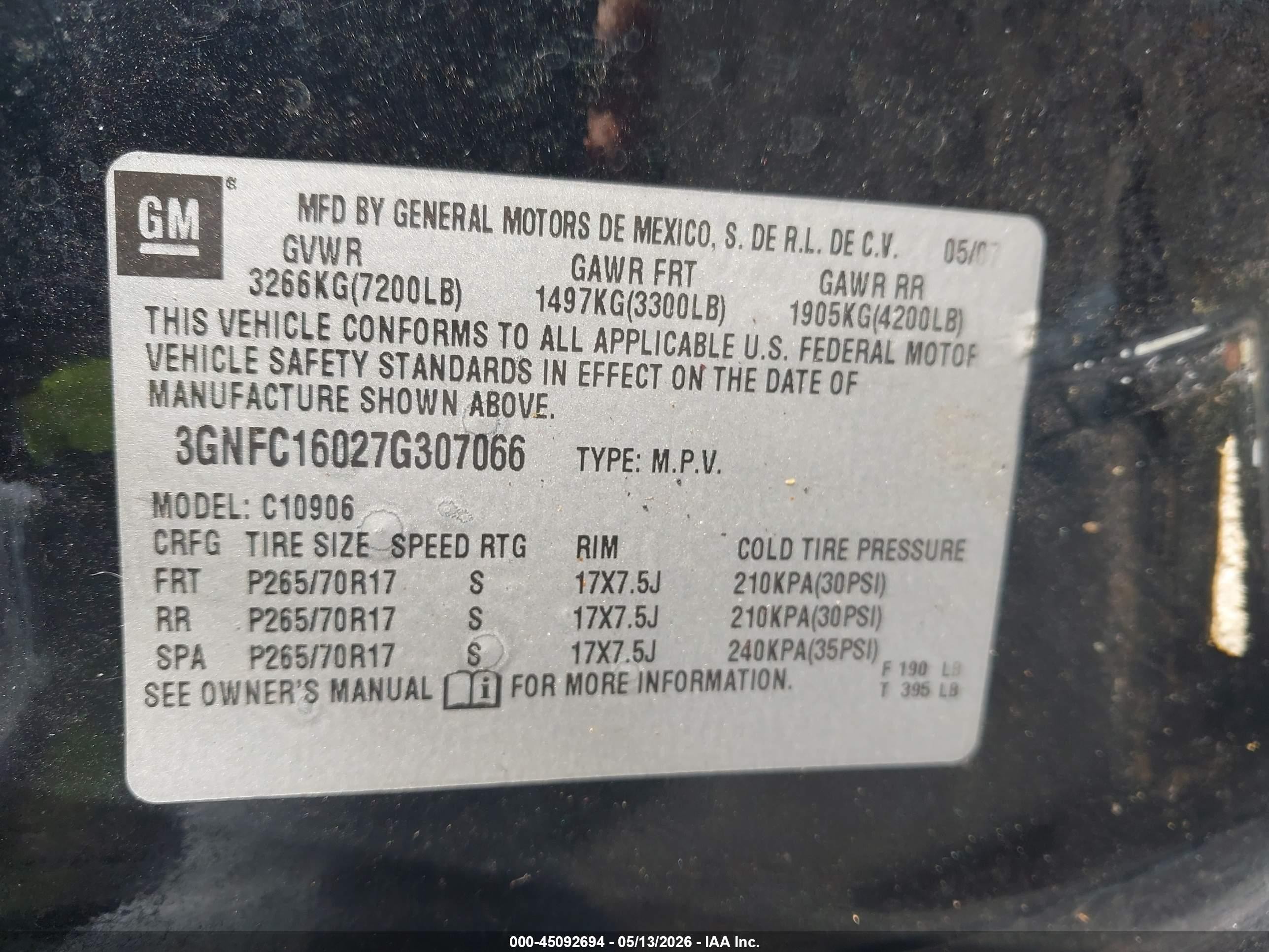 2007 Chevrolet Suburban 1500 Lt Black vin: 3GNFC16027G307066