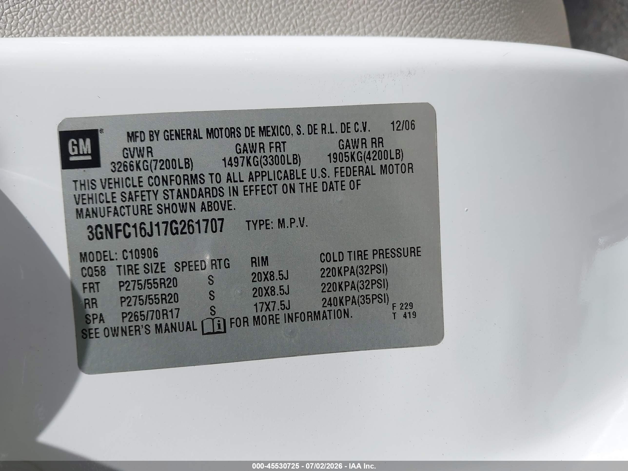 2007 Chevrolet Suburban Lt White vin: 3GNFC16J17G261707