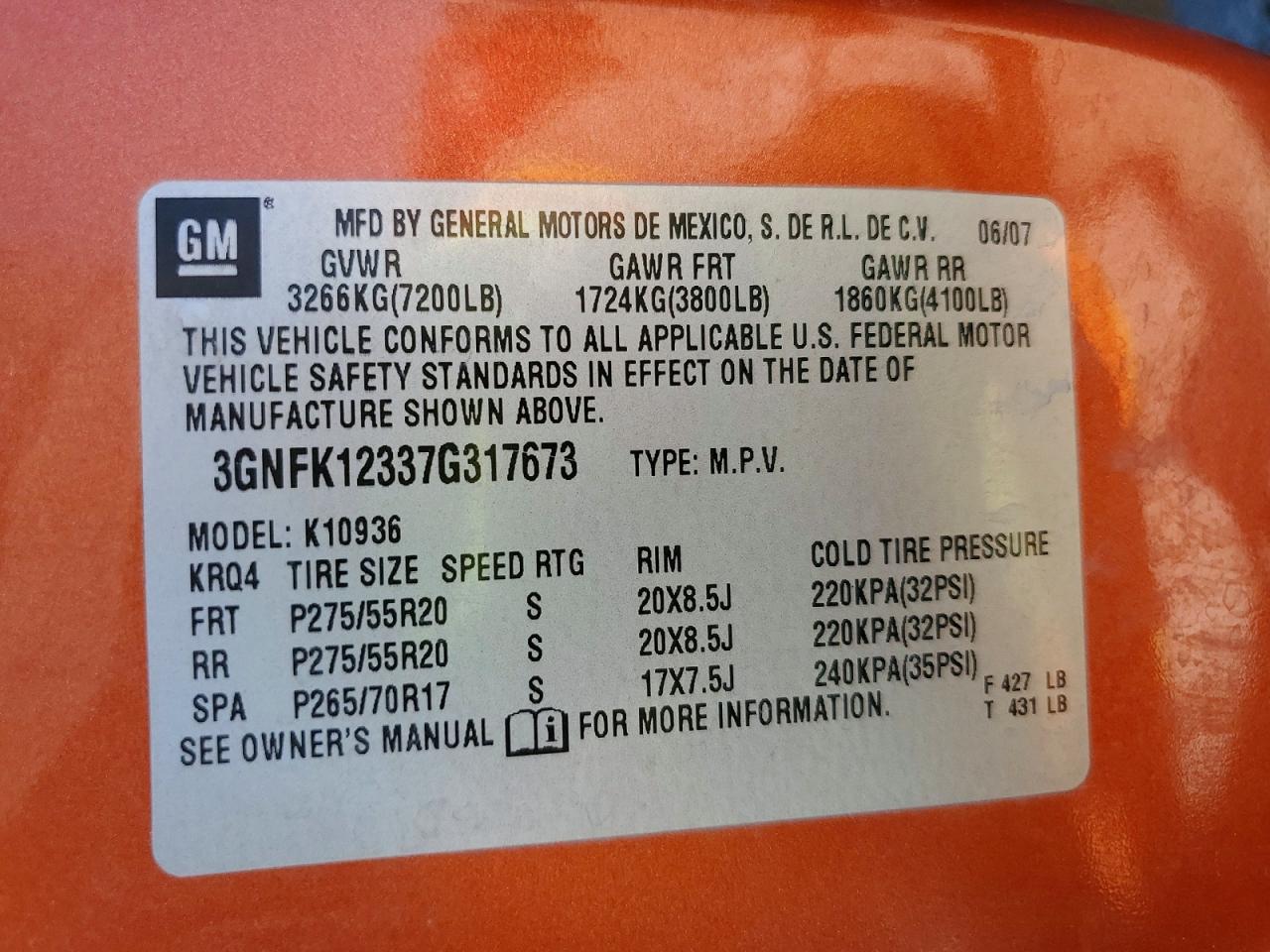 2007 Chevrolet Avalanche K1500 Orange vin: 3GNFK12337G317673