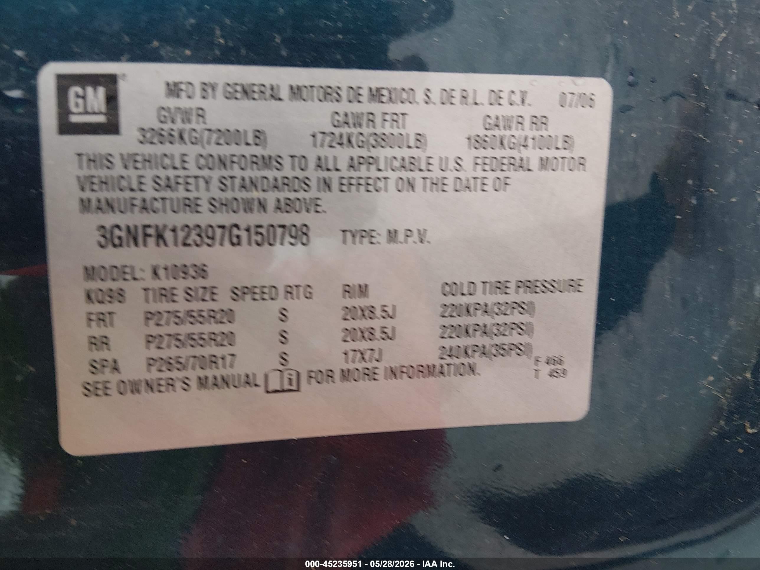 2007 Chevrolet Avalanche 1500 Ltz Turquoise vin: 3GNFK12397G150798