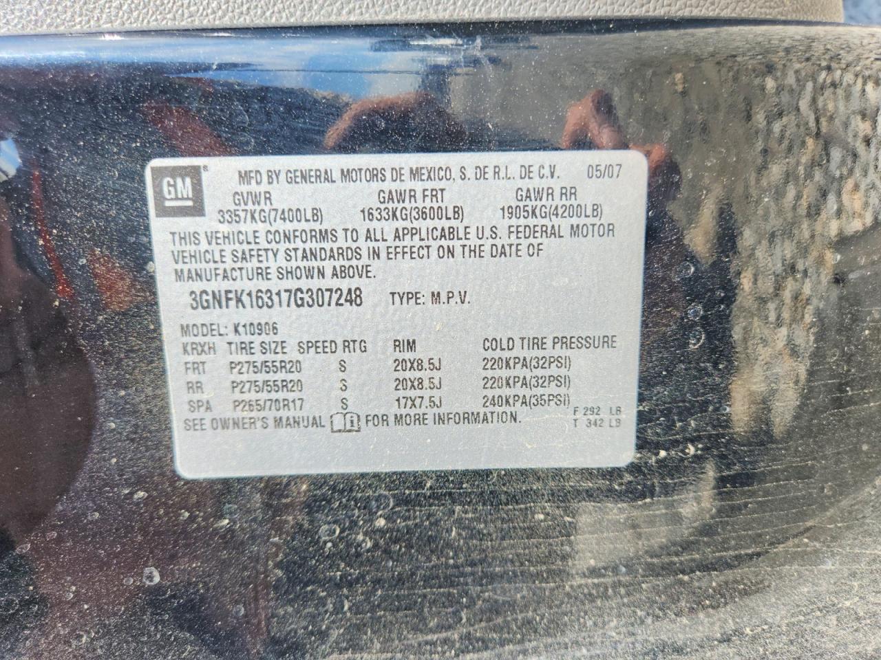 2007 Chevrolet Suburban Black vin: 3GNFK16317G307248