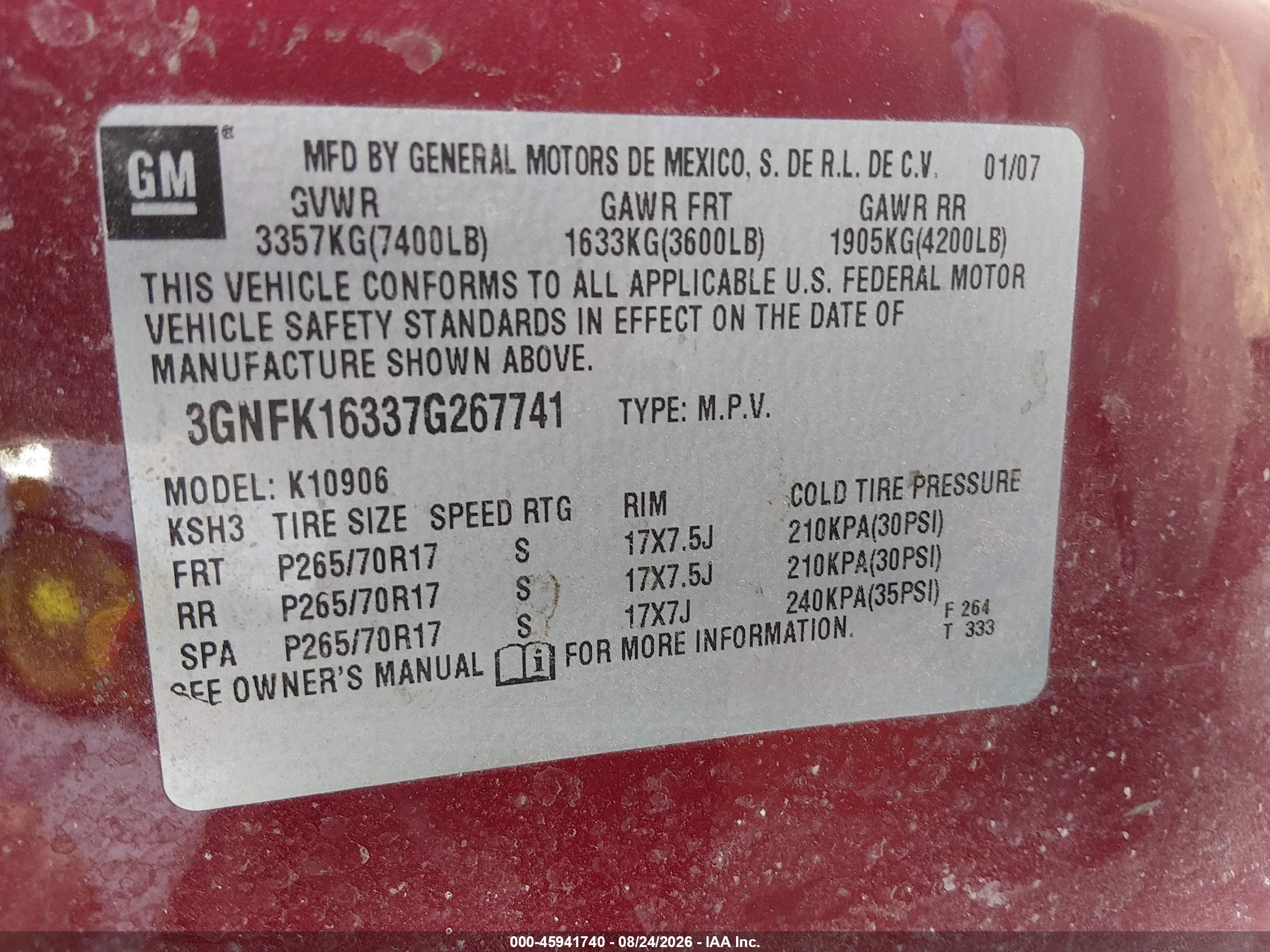 2007 Chevrolet Suburban Lt Burgundy vin: 3GNFK16337G267741