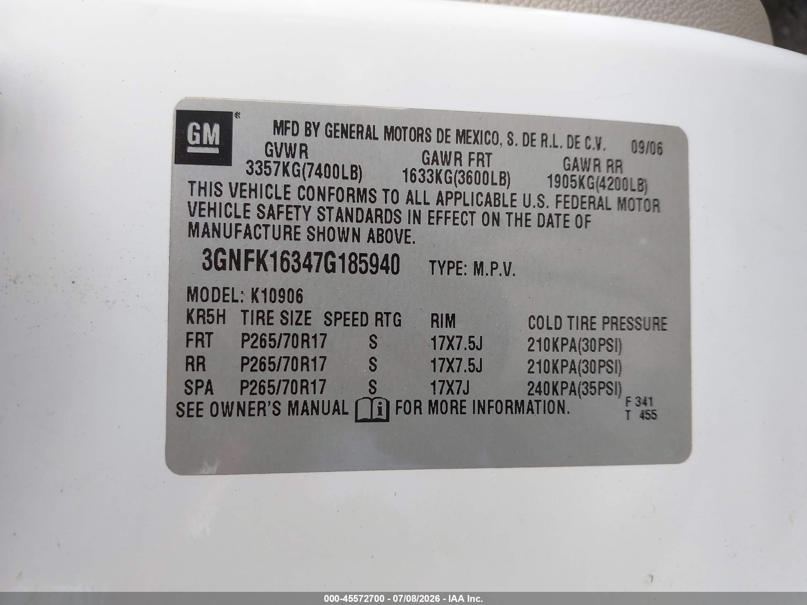 2007 Chevrolet Suburban Lt White vin: 3GNFK16347G185940