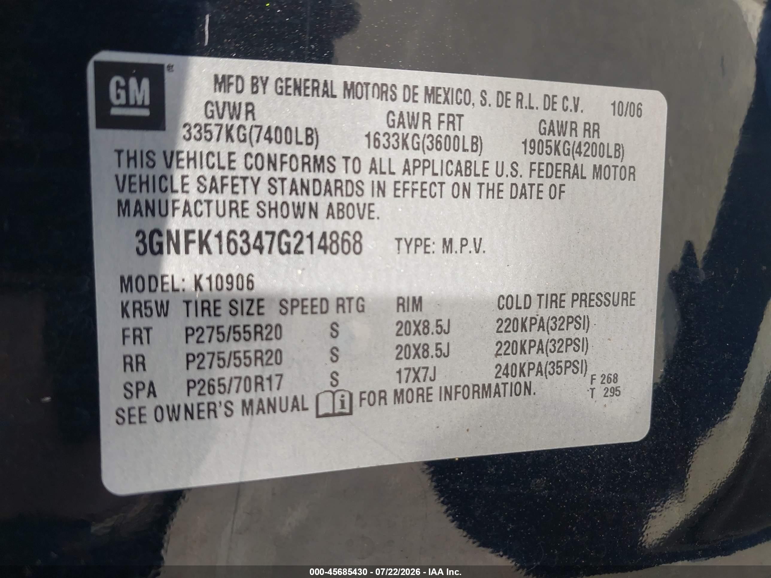 2007 Chevrolet Suburban Ltz Black vin: 3GNFK16347G214868