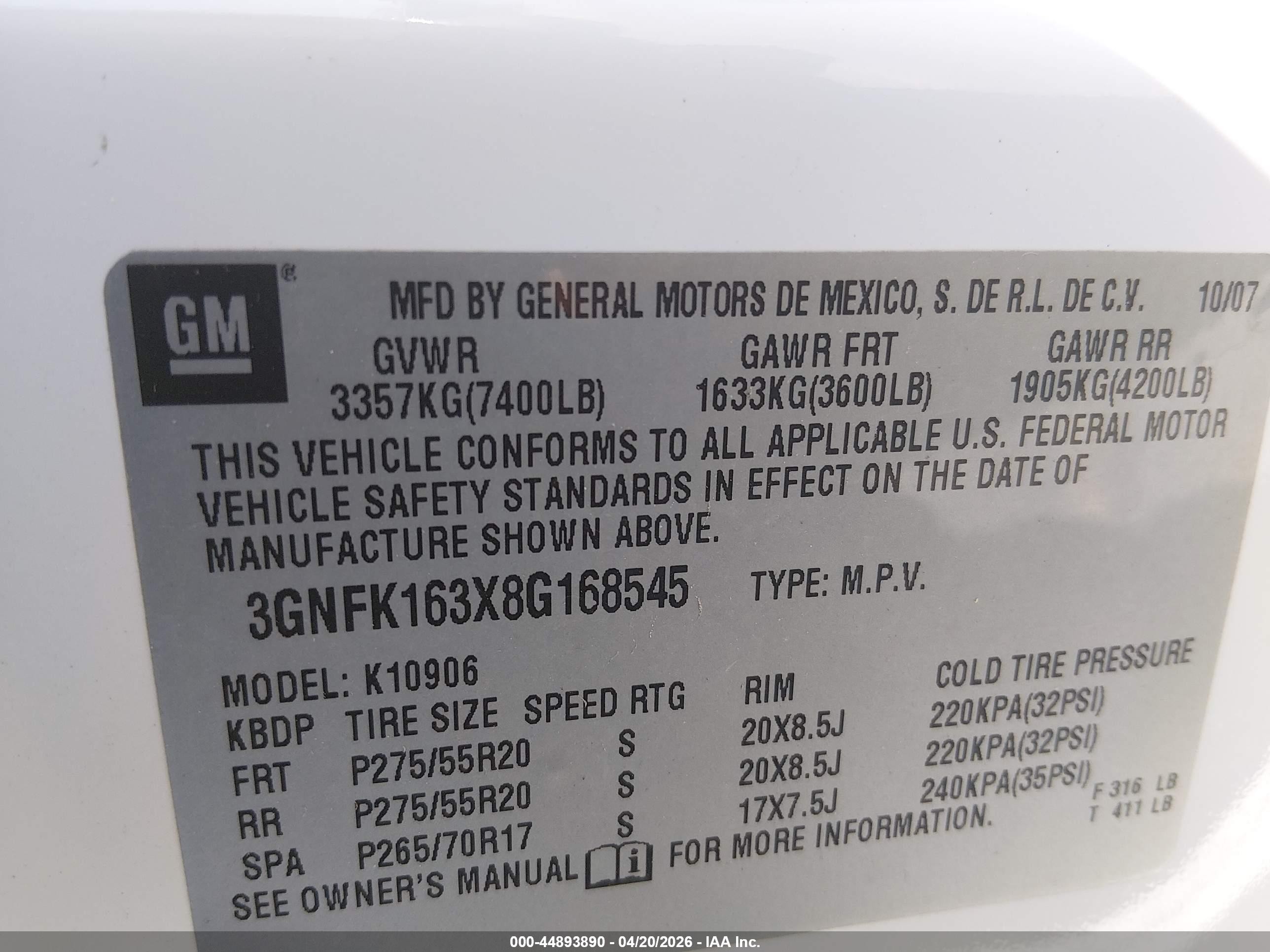2008 Chevrolet Suburban 1500 Lt White vin: 3GNFK163X8G168545