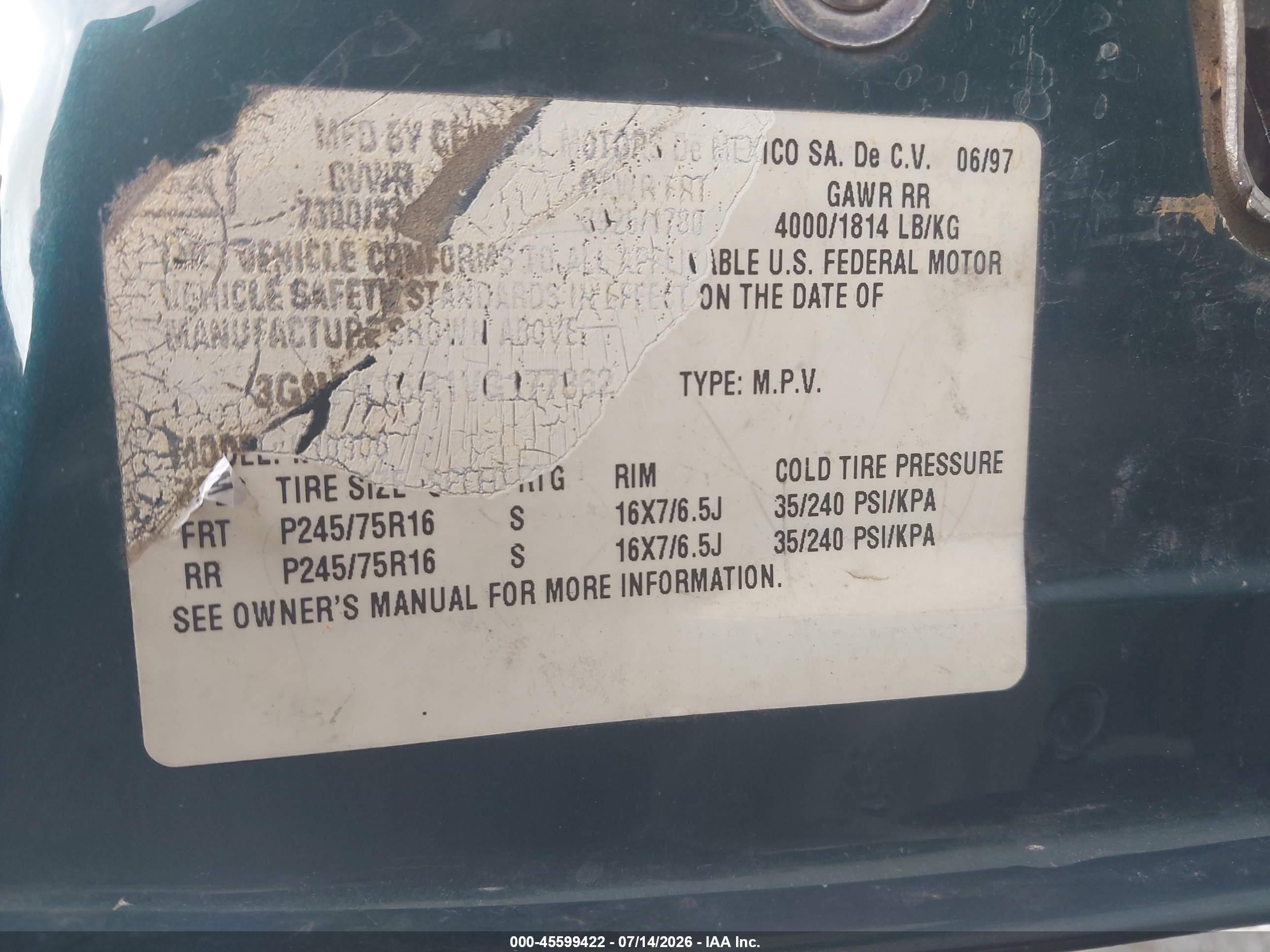 1997 Chevrolet Suburban 1500   Green vin: 3GNFK16R1VG177862