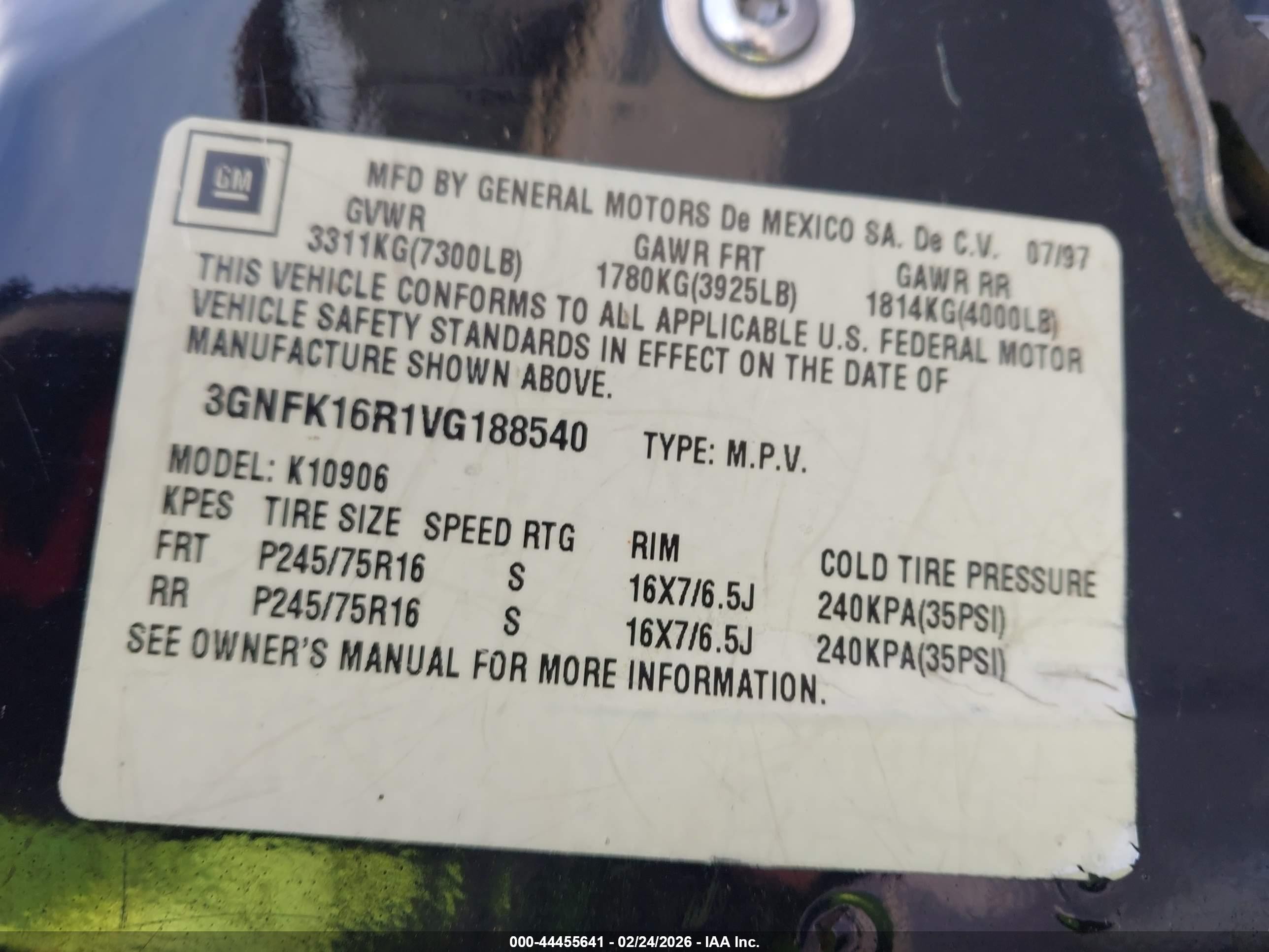 1997 Chevrolet Suburban 1500   Black vin: 3GNFK16R1VG188540