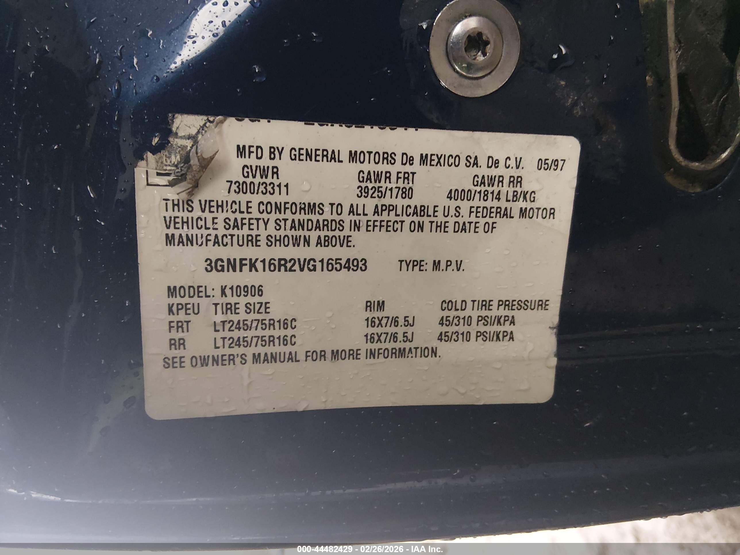1997 Chevrolet Suburban 1500   Blue vin: 3GNFK16R2VG165493