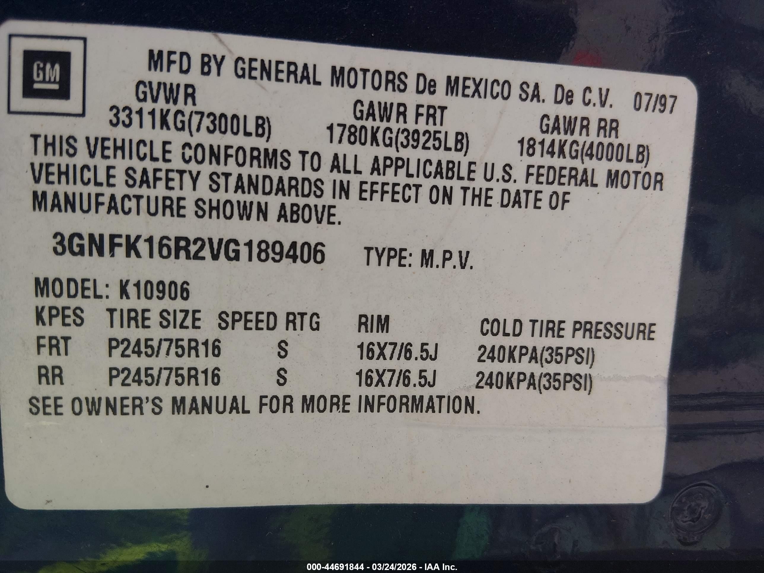 1997 Chevrolet Suburban 1500   Dark Blue vin: 3GNFK16R2VG189406