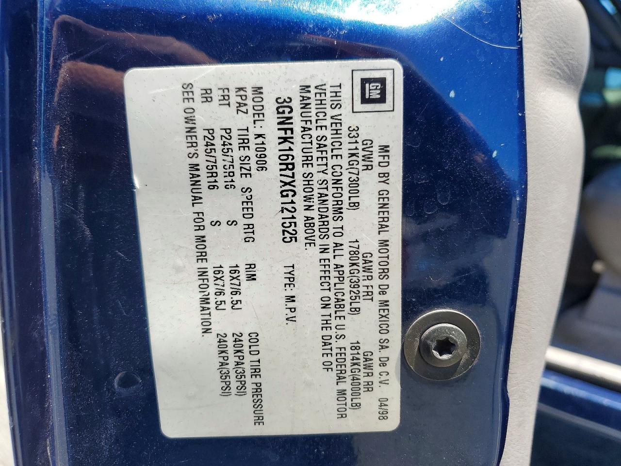 1999 Chevrolet Suburban K1500 Blue vin: 3GNFK16R7XG121525