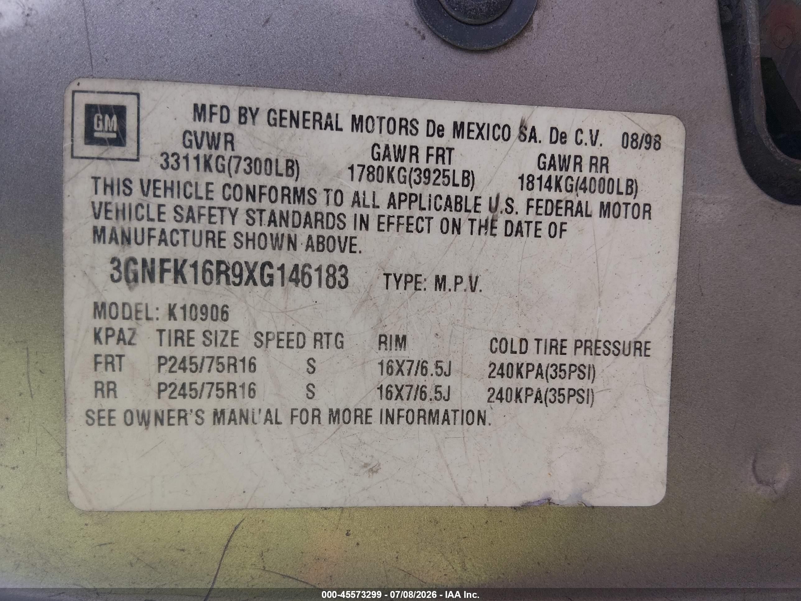 1999 Chevrolet Suburban Lt Beige vin: 3GNFK16R9XG146183