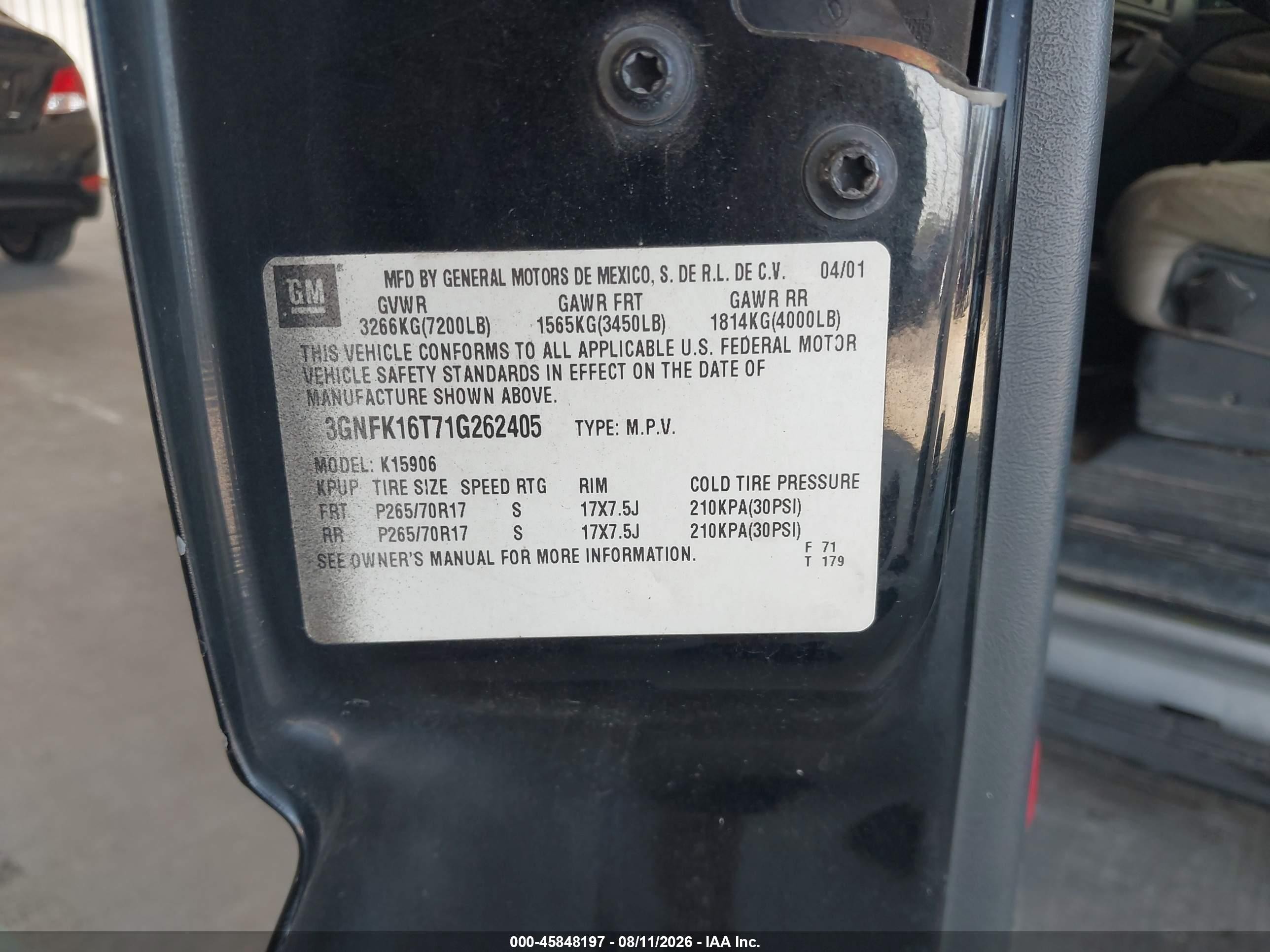 2001 Chevrolet Suburban 1500 Ls Black vin: 3GNFK16T71G262405