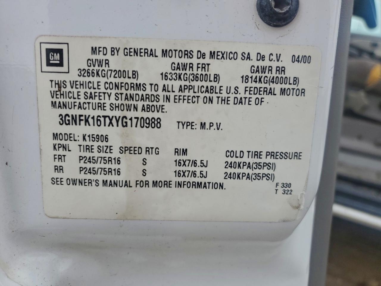 2000 Chevrolet Suburban K1500 White vin: 3GNFK16TXYG170988