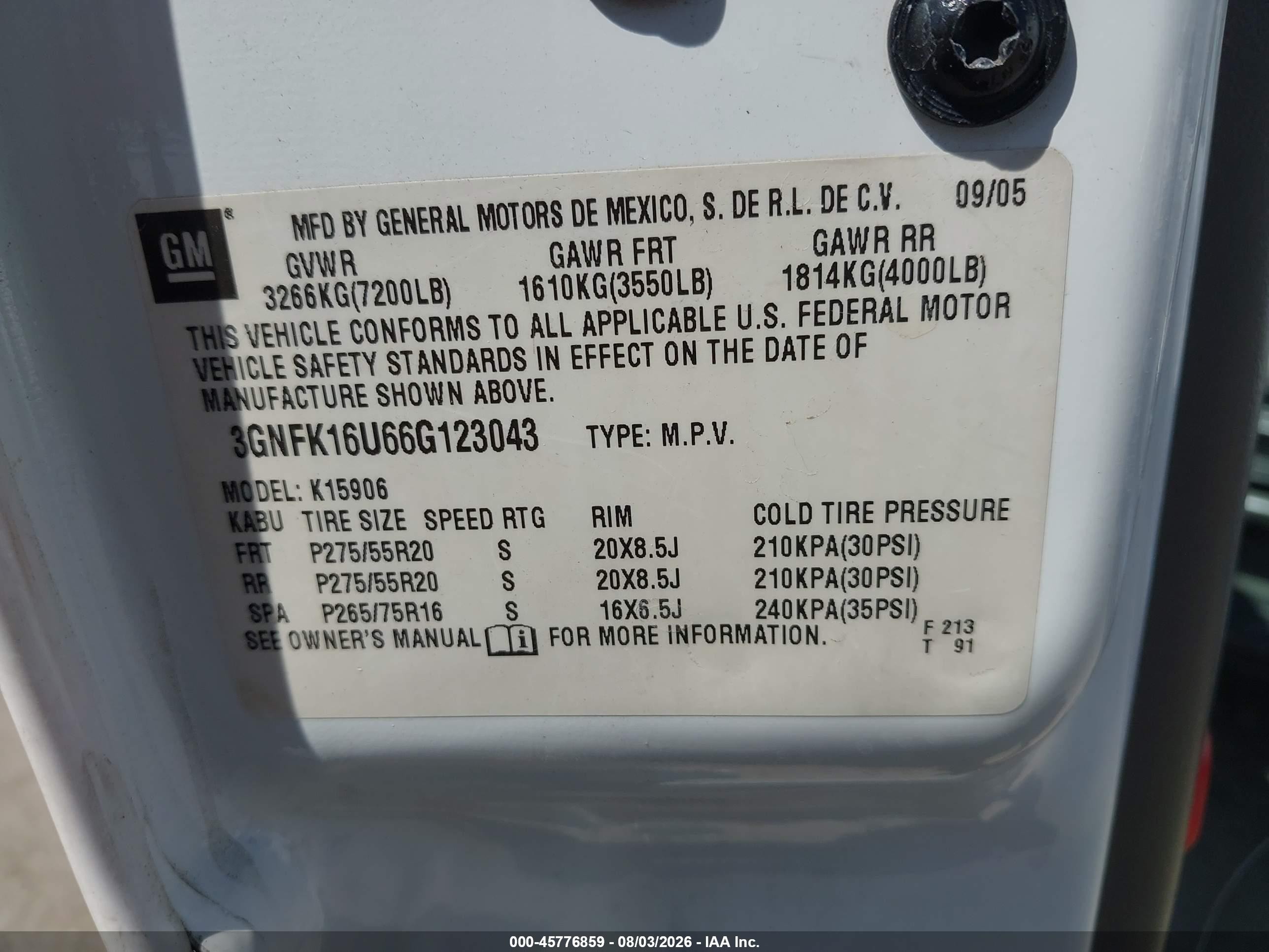 2006 Chevrolet Suburban 1500 Ltz White vin: 3GNFK16U66G123043
