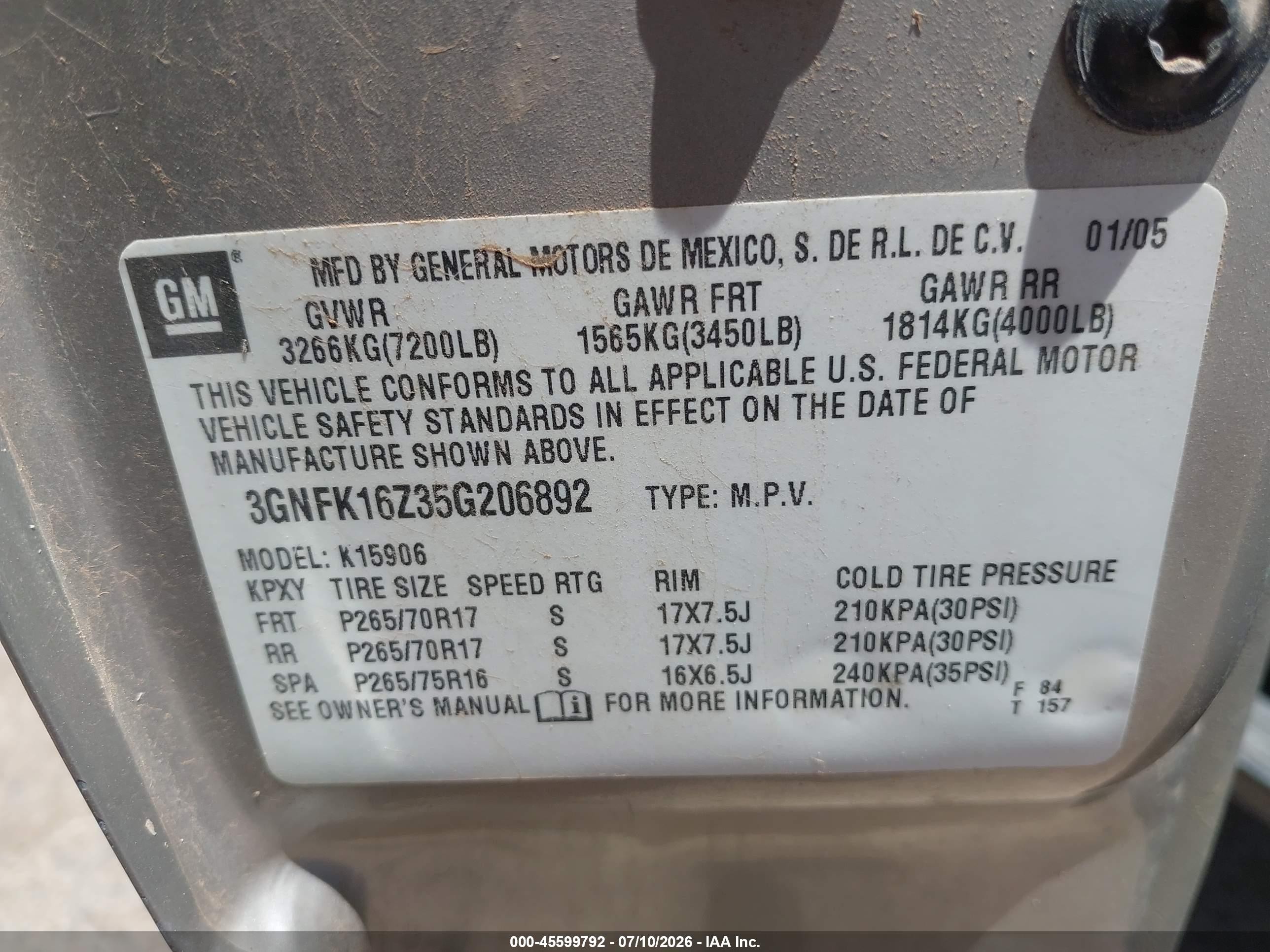 2005 Chevrolet Suburban 1500 Z71 Серый vin: 3GNFK16Z35G206892