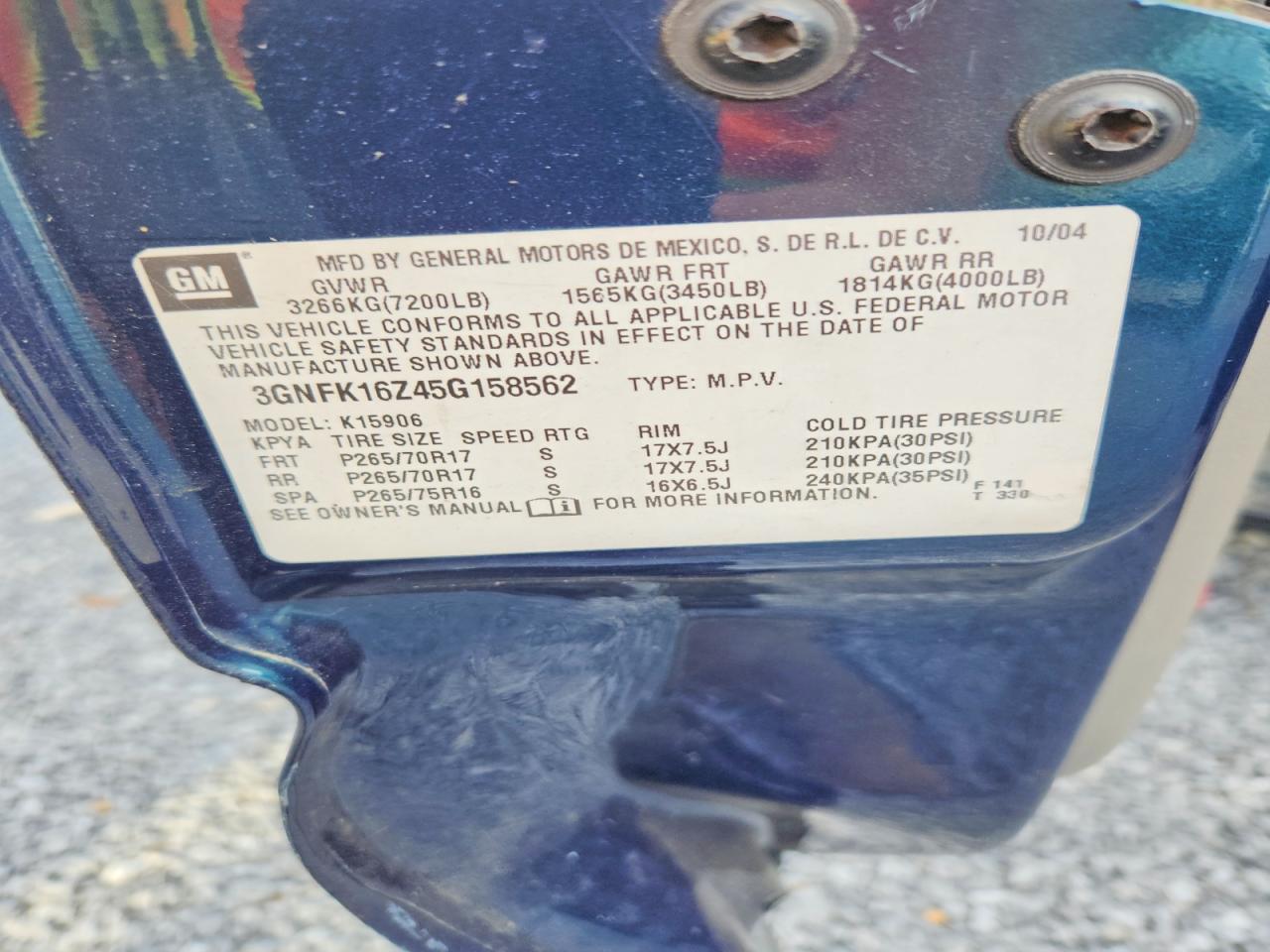 2005 Chevrolet Suburban K1500 Blue vin: 3GNFK16Z45G158562