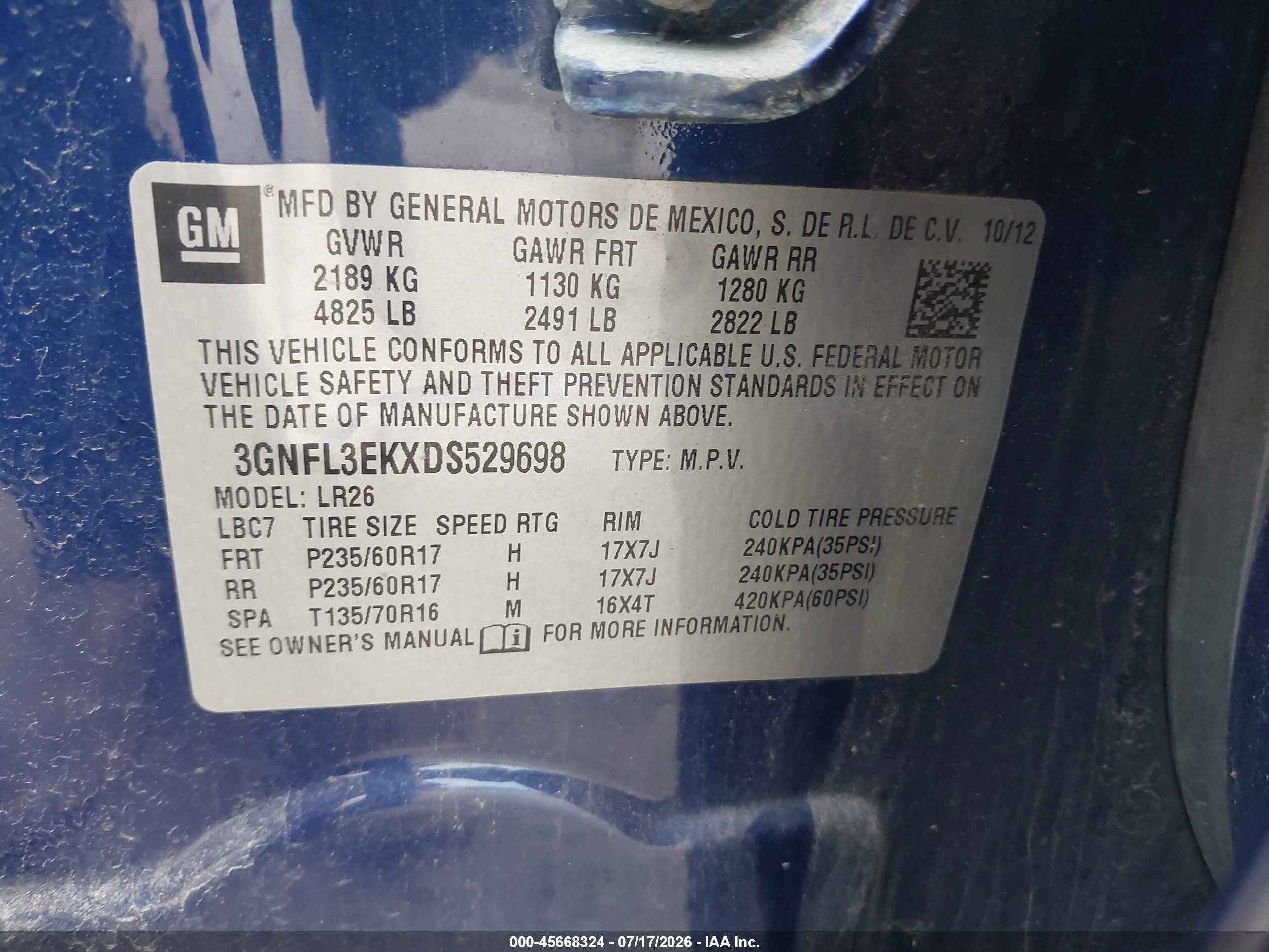 2013 Chevrolet Captiva Sport Fleet Lt Dark Blue vin: 3GNFL3EKXDS529698