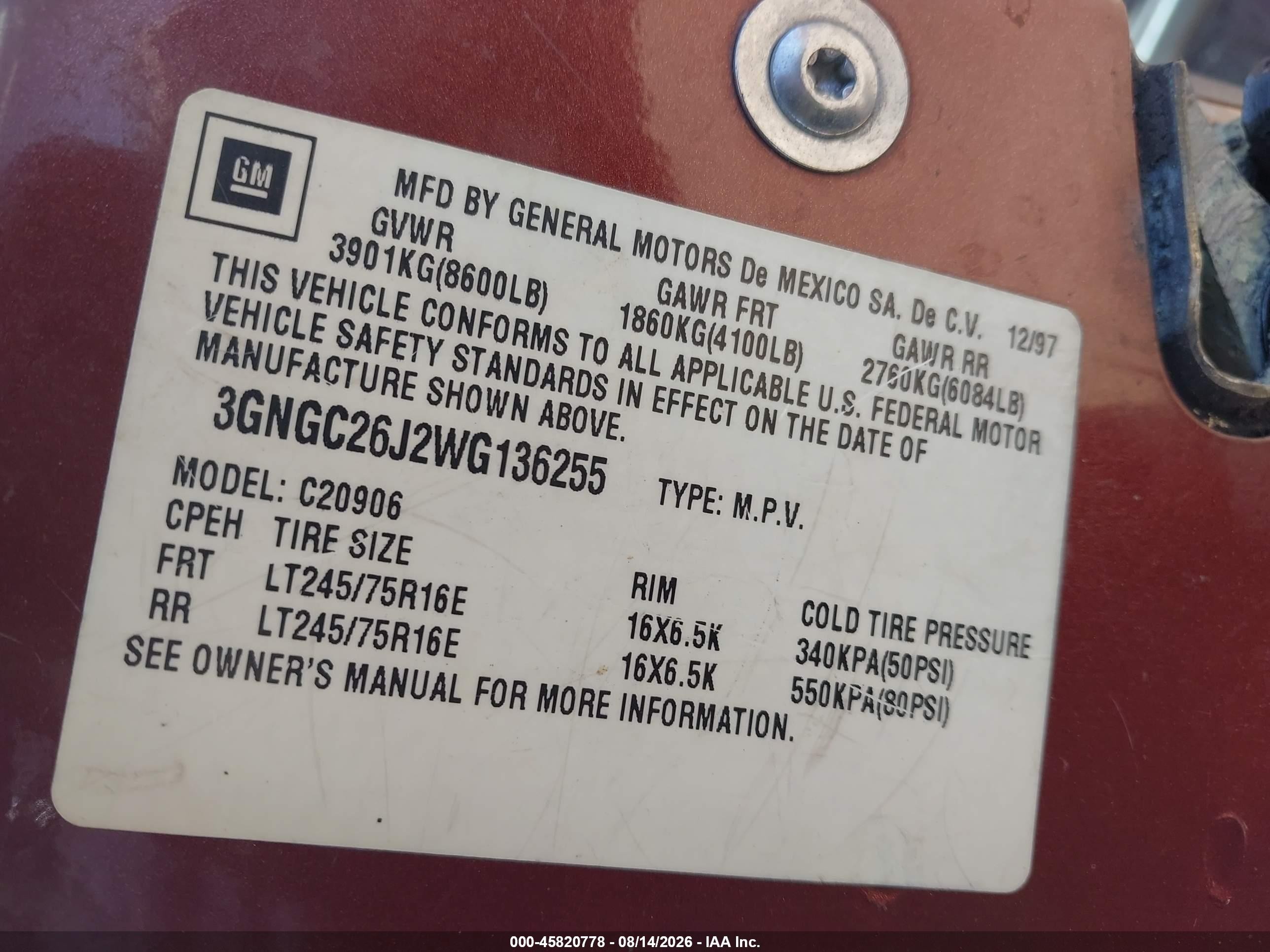 1998 Chevrolet Suburban 2500   Maroon vin: 3GNGC26J2WG136255