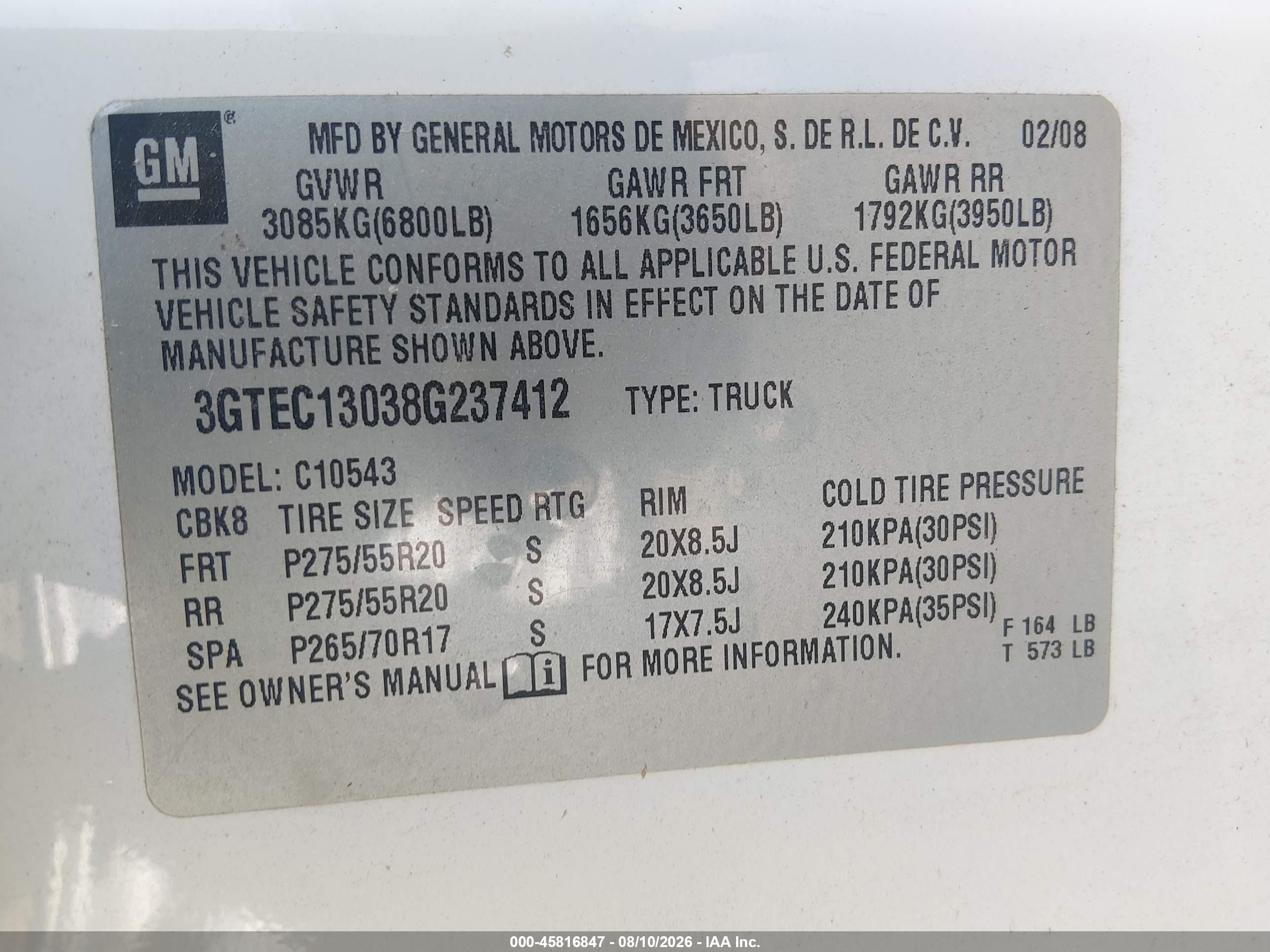 2008 Gmc Sierra 1500 Sle1 Белый vin: 3GTEC13038G237412