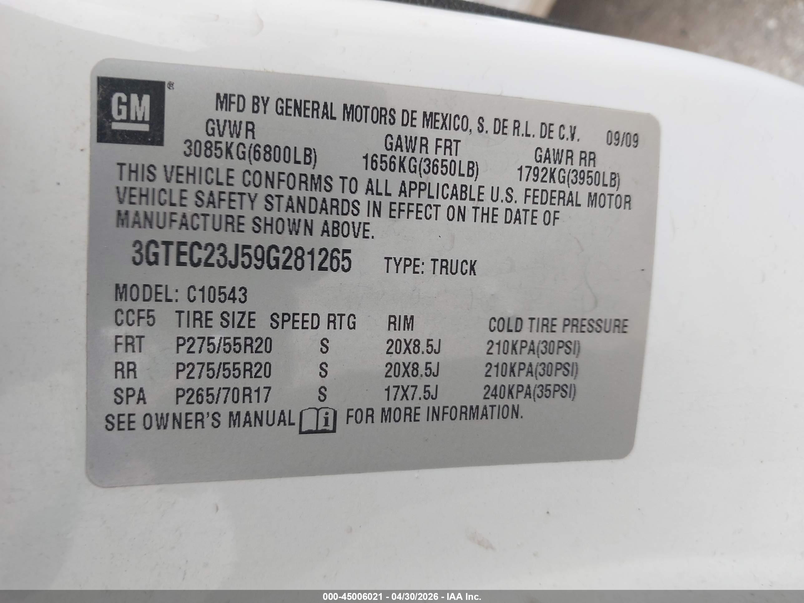 2009 Gmc Sierra 1500 Sle White vin: 3GTEC23J59G281265