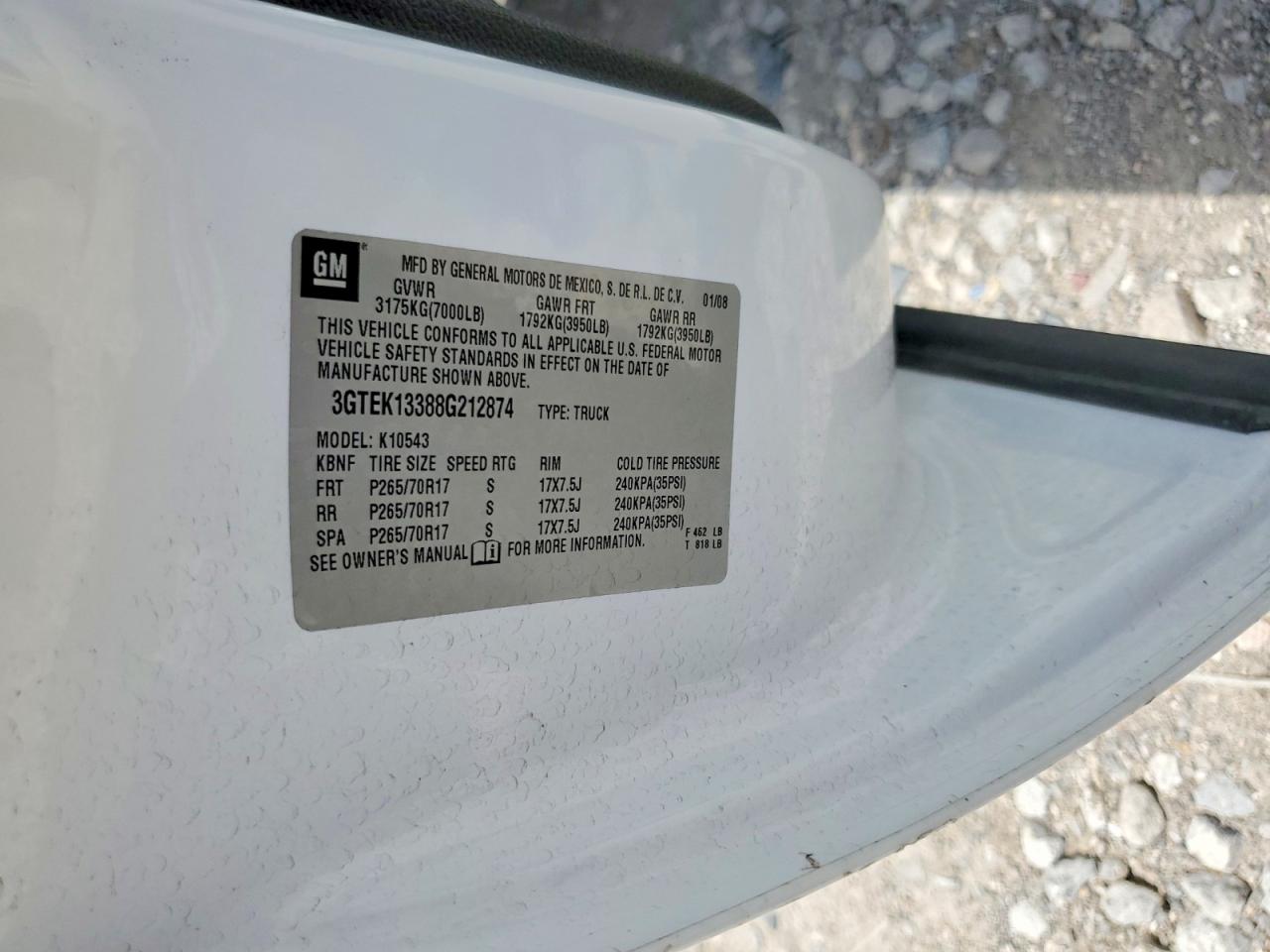 2008 Gmc Sierra K1500 White vin: 3GTEK13388G212874