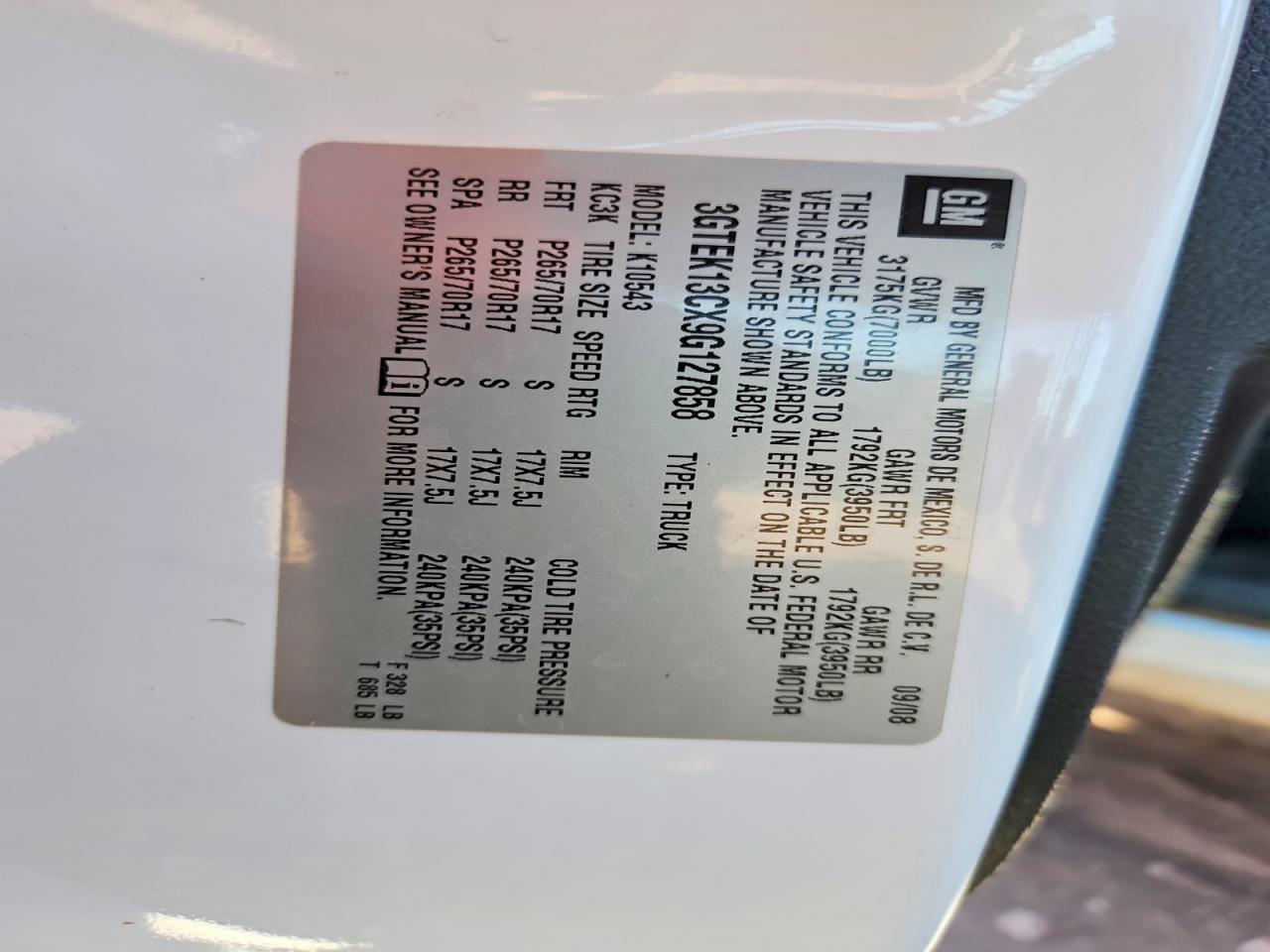 2009 Gmc Sierra K1500 Белый vin: 3GTEK13CX9G127858