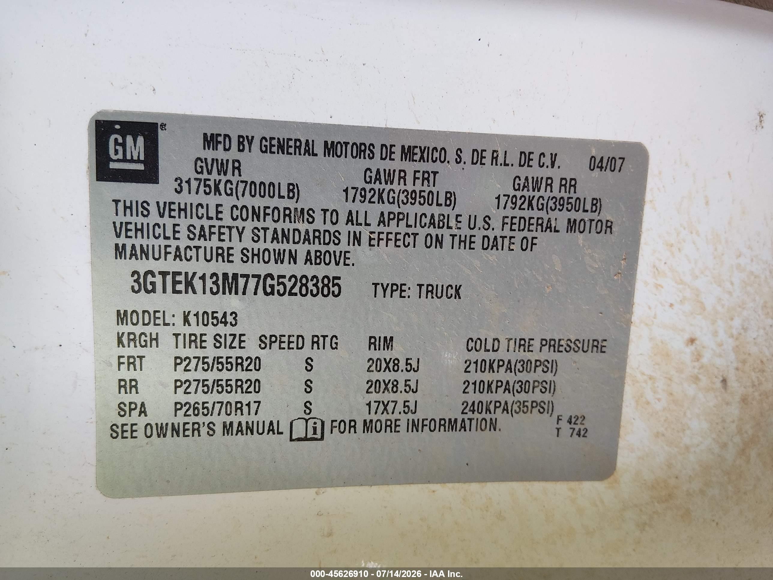 2007 Gmc Sierra 1500 Slt Белый vin: 3GTEK13M77G528385
