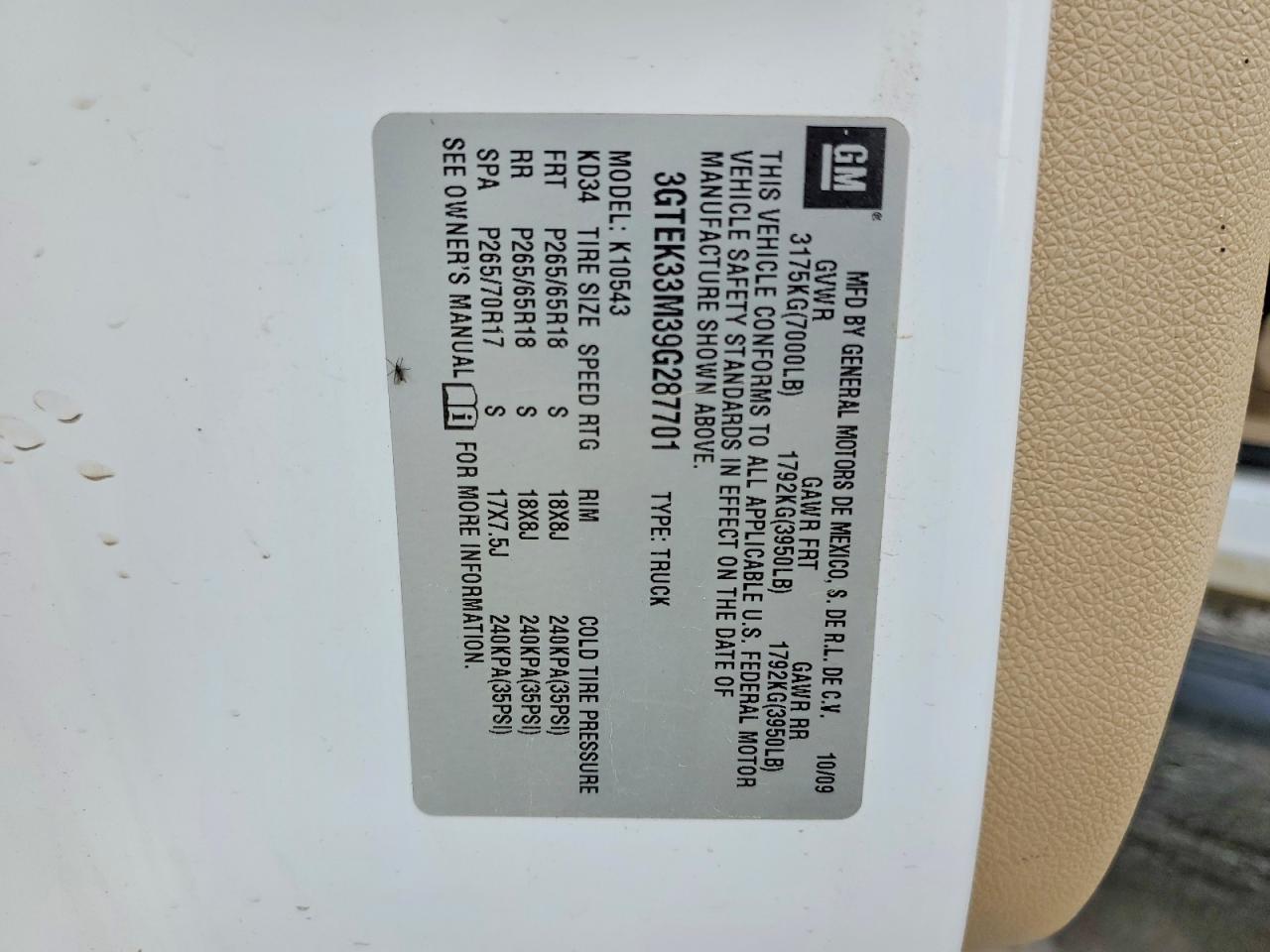 2009 Gmc Sierra K1500 Slt White vin: 3GTEK33M39G287701