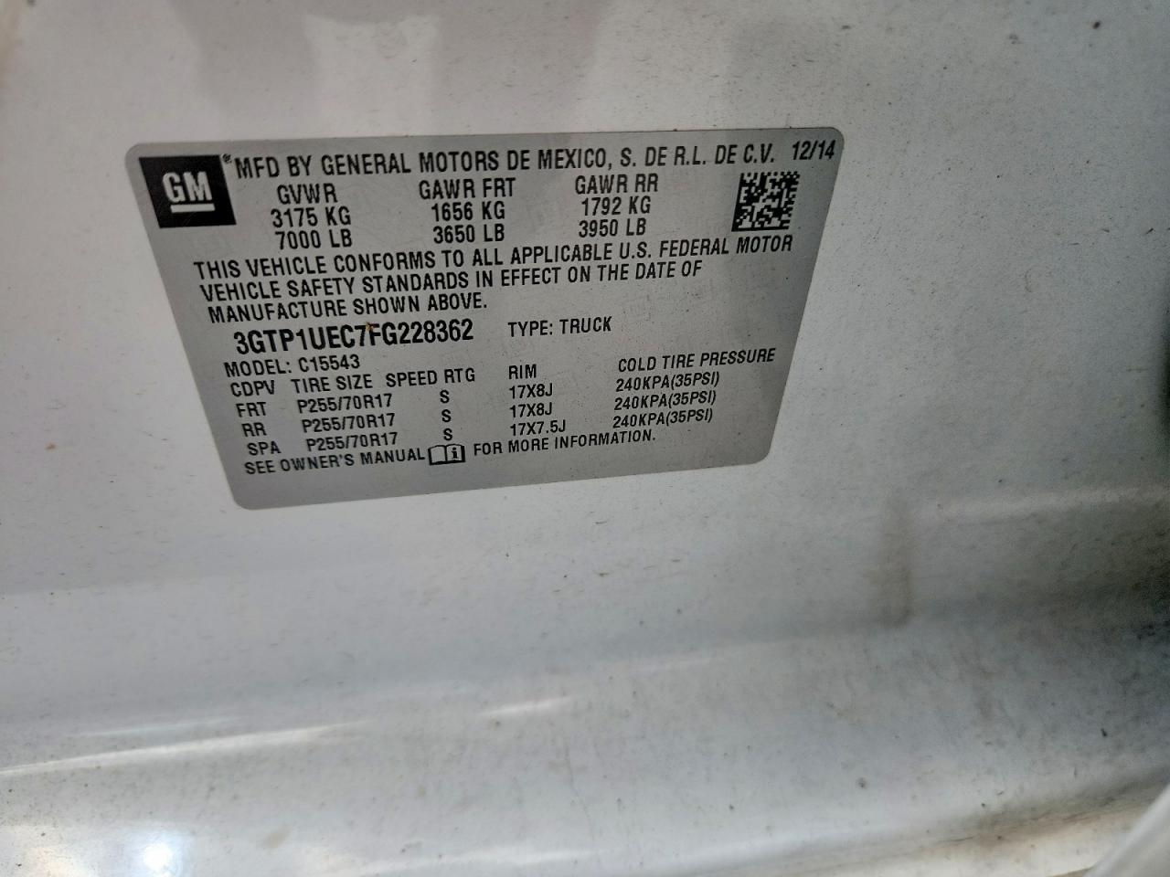 2015 Gmc Sierra C1500 Sle White vin: 3GTP1UEC7FG228362