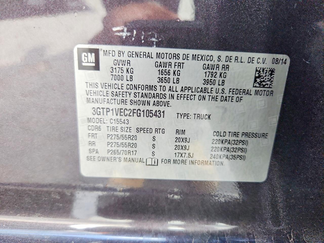 2015 Gmc Sierra Charcoal vin: 3GTP1VEC2FG105431